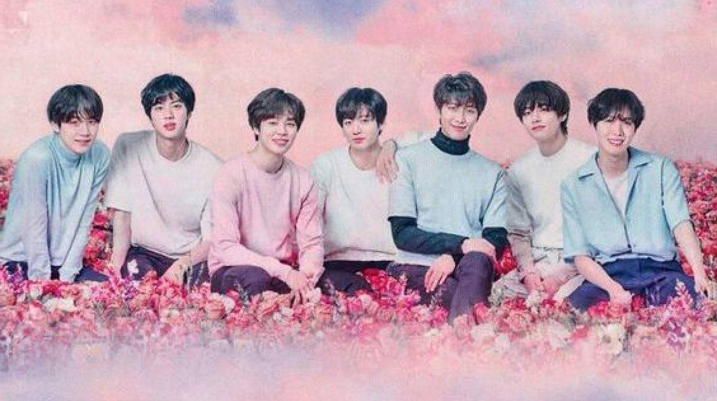 Cute BTS Group On A Pink Flower Field — 1430x800 wallpaper