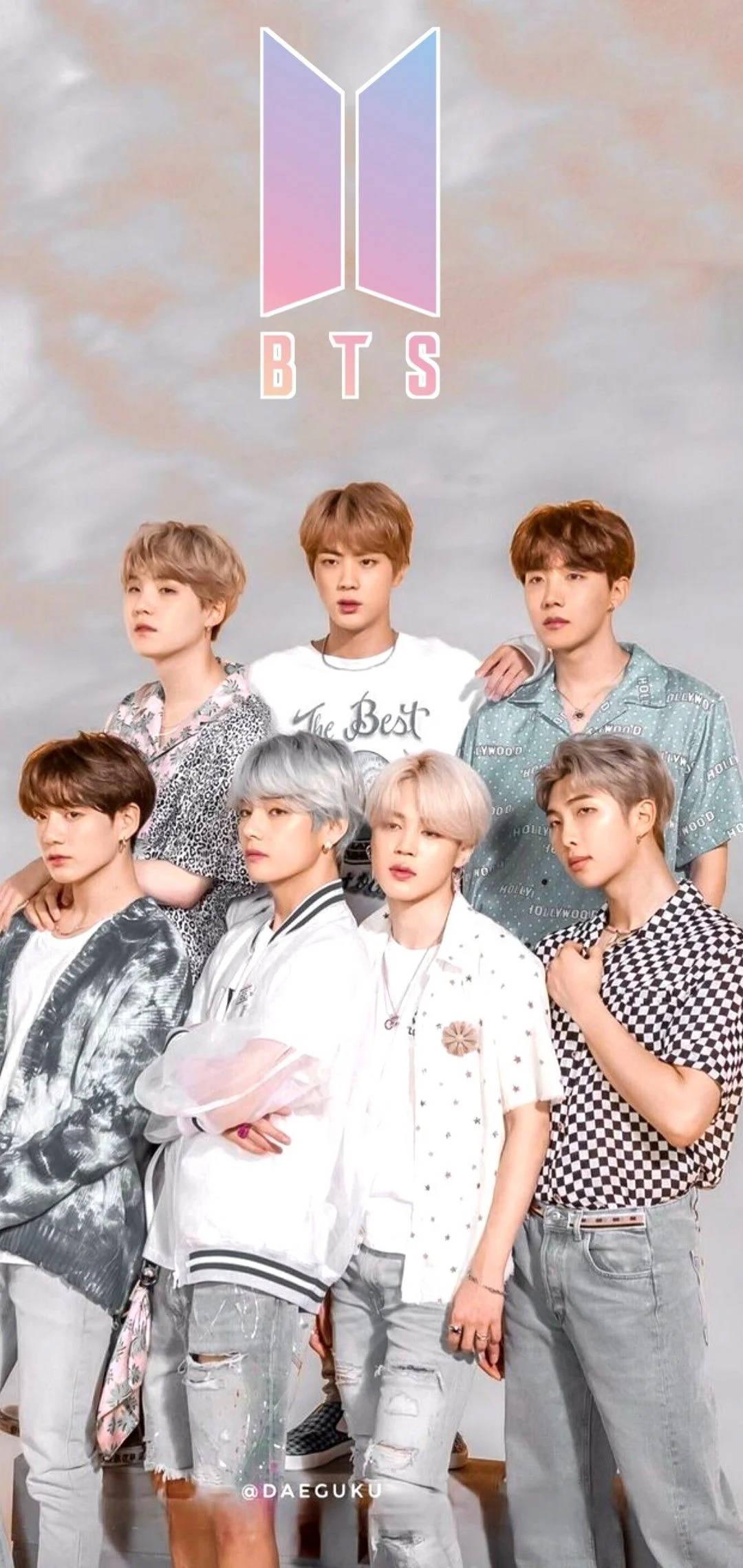 Cute BTS Group Posing Under BTS Logo — 1080x2280 wallpaper