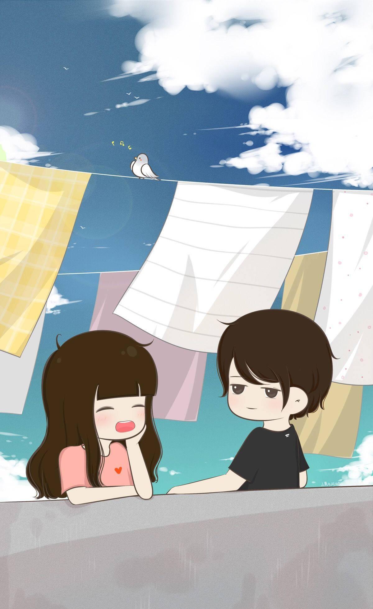 Cute Cartoon Couple Rooftop — 1200x1956 wallpaper