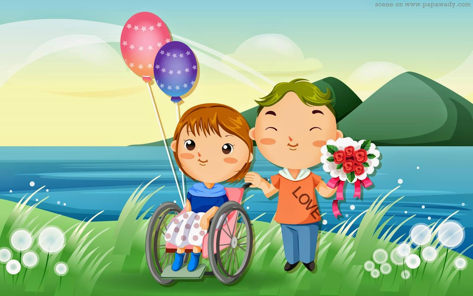 Cute Cartoon Couple Wheelchair — 1600x1000 wallpaper