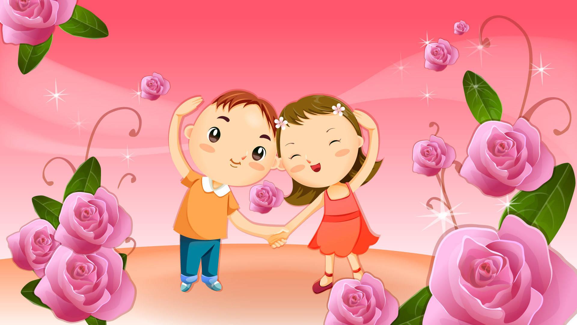 Cute Cartoon Couple With Roses — 1920x1080 wallpaper