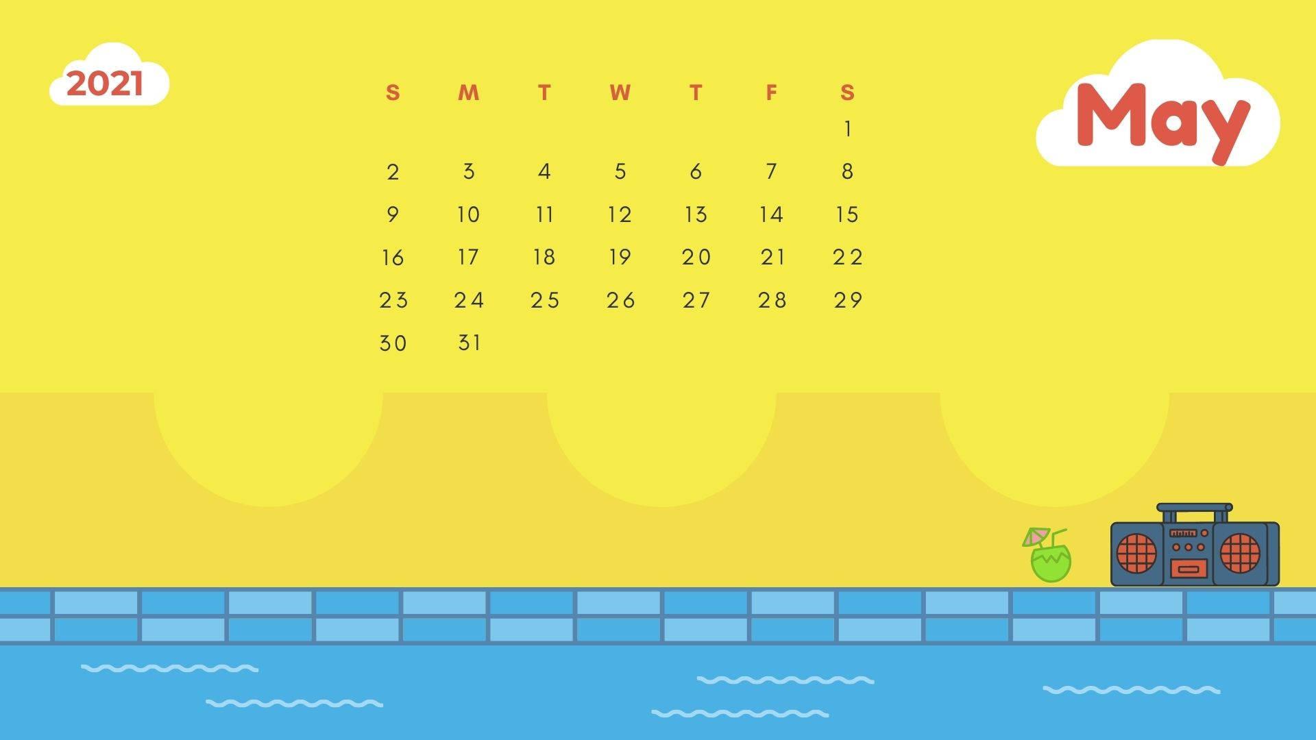 Cute Cartoon Pool May Calendar 2021 — 1920x1080 wallpaper