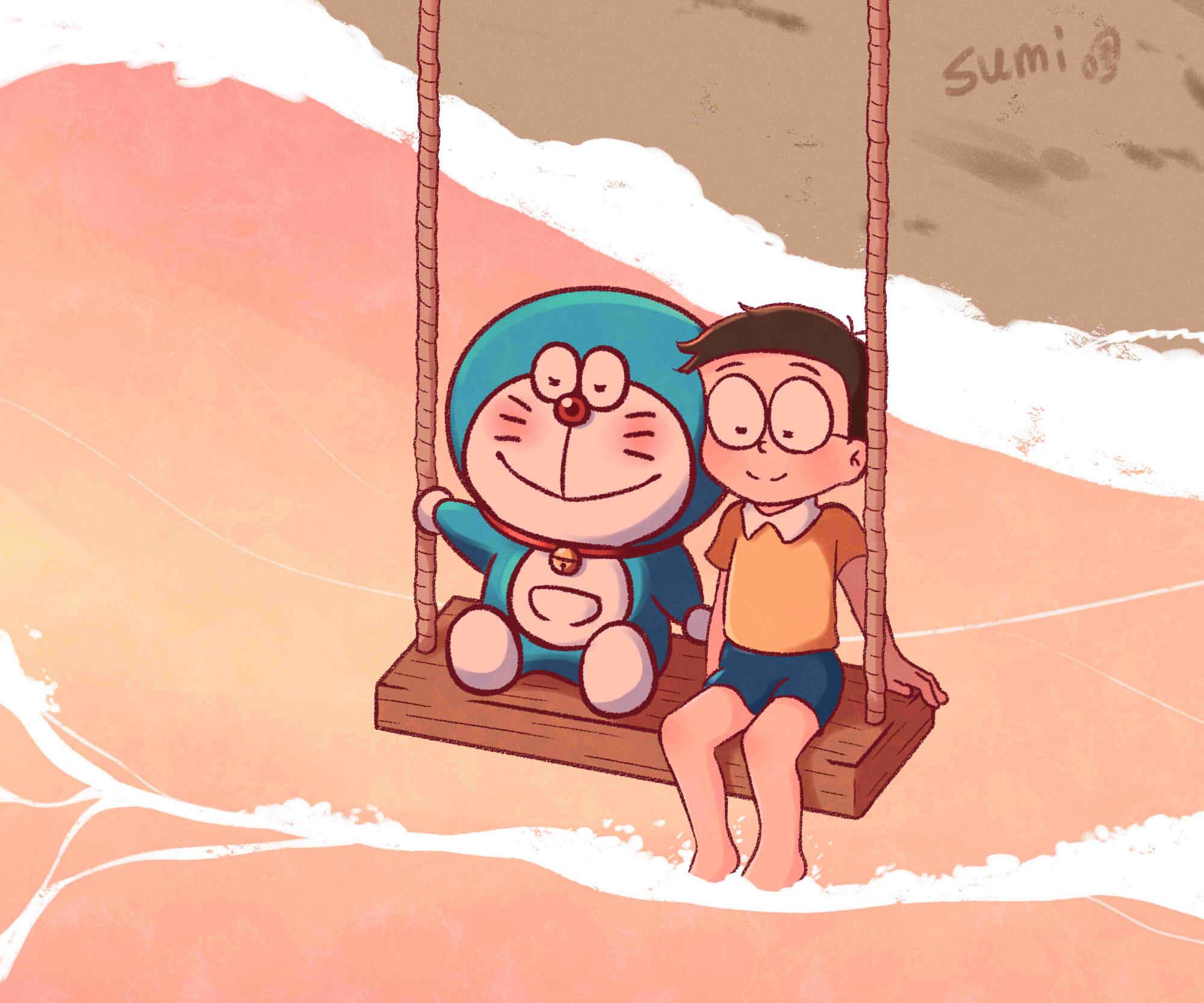 Cute Doraemon And Nobita On A Swing — 2000x1667 wallpaper