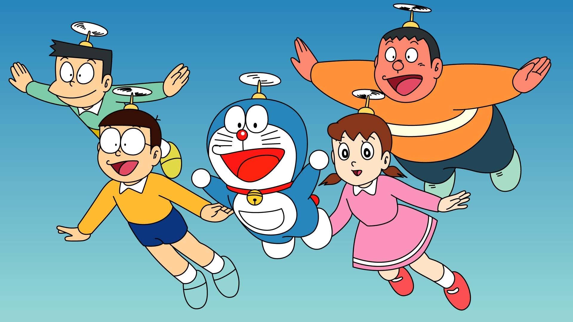 Cute Doraemon Characters Flying — 1920x1080 wallpaper