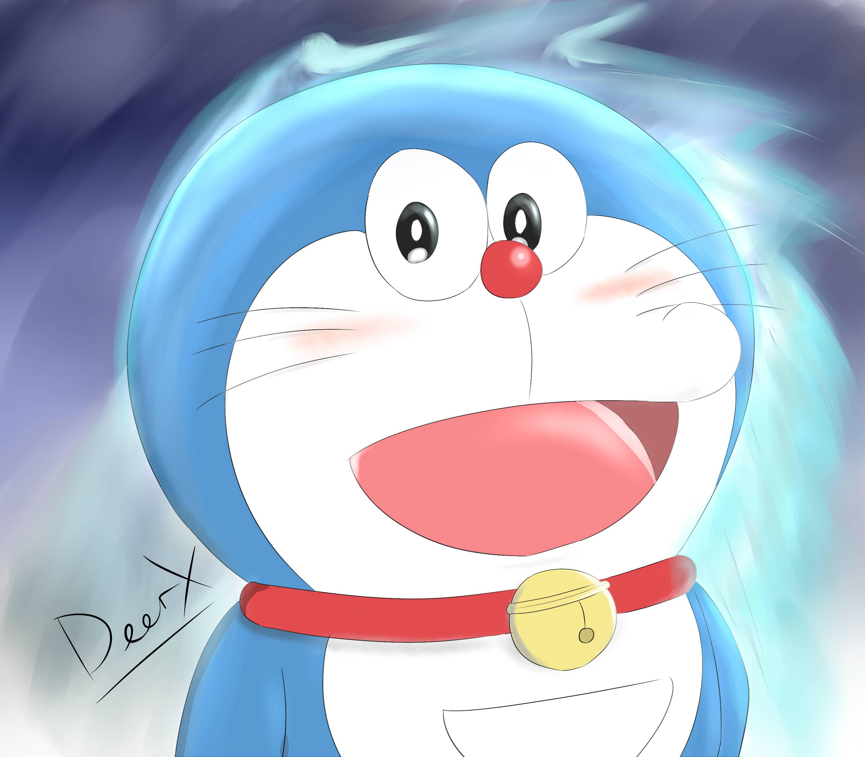Cute Doraemon Glowing In Turquoise — 2834x2480 wallpaper