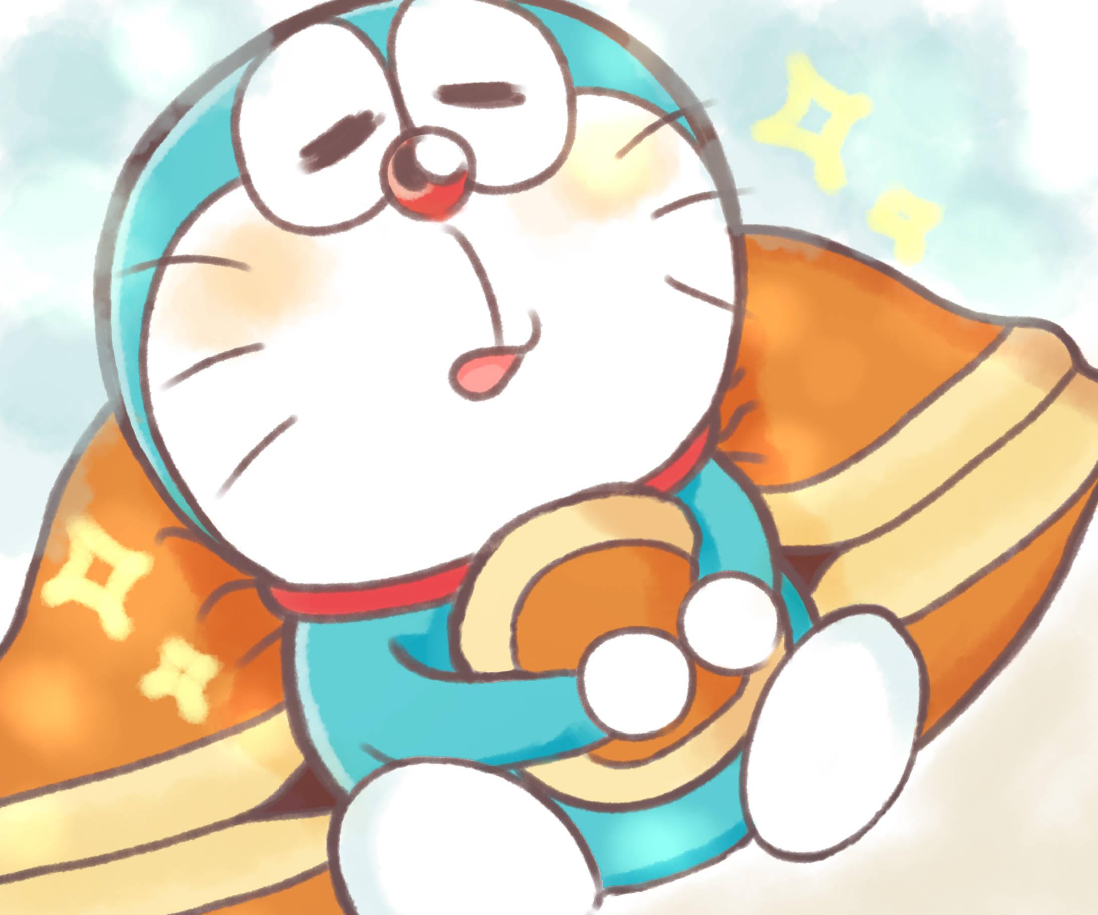 Cute Doraemon Leaning On Big Pillow — 2190x1825 wallpaper