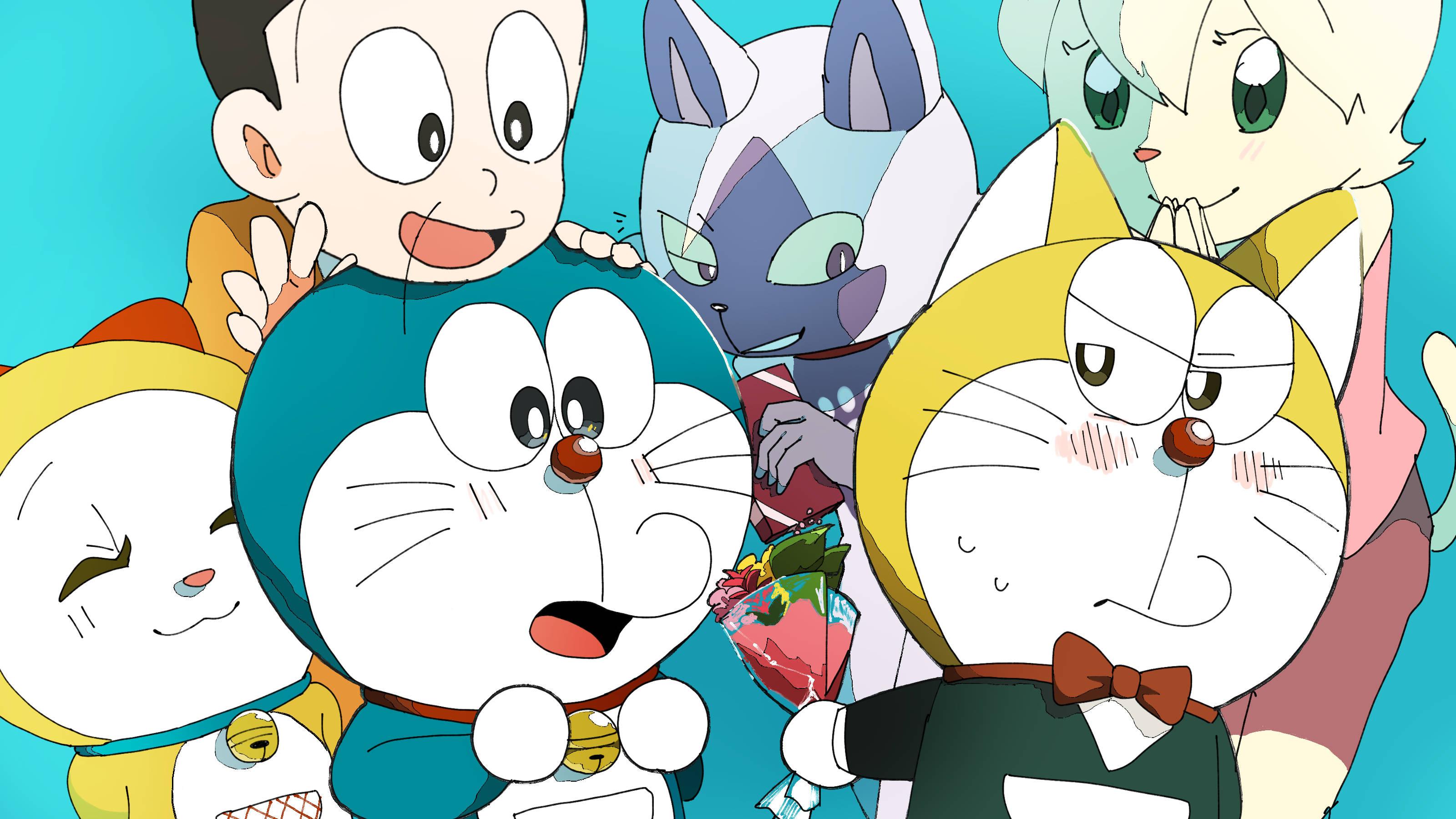 Cute Doraemon Receiving Flowers — 3200x1800 wallpaper