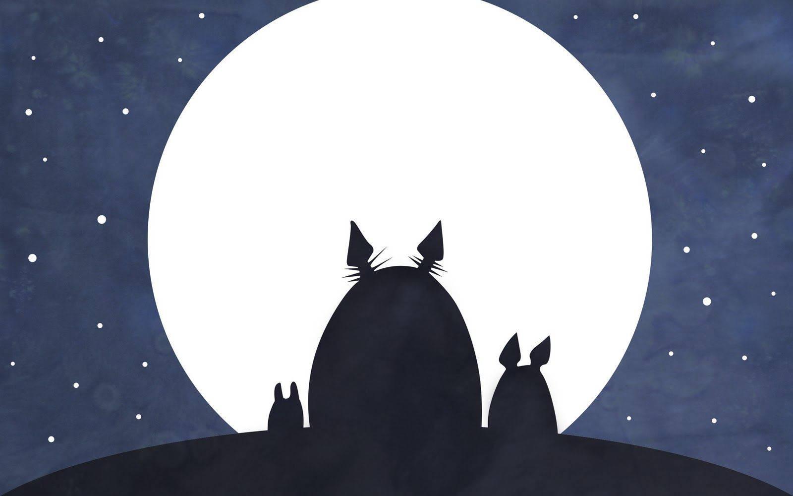 Cute minimalistic Totoro dreaming under the full moon — 1600x1000 wallpaper