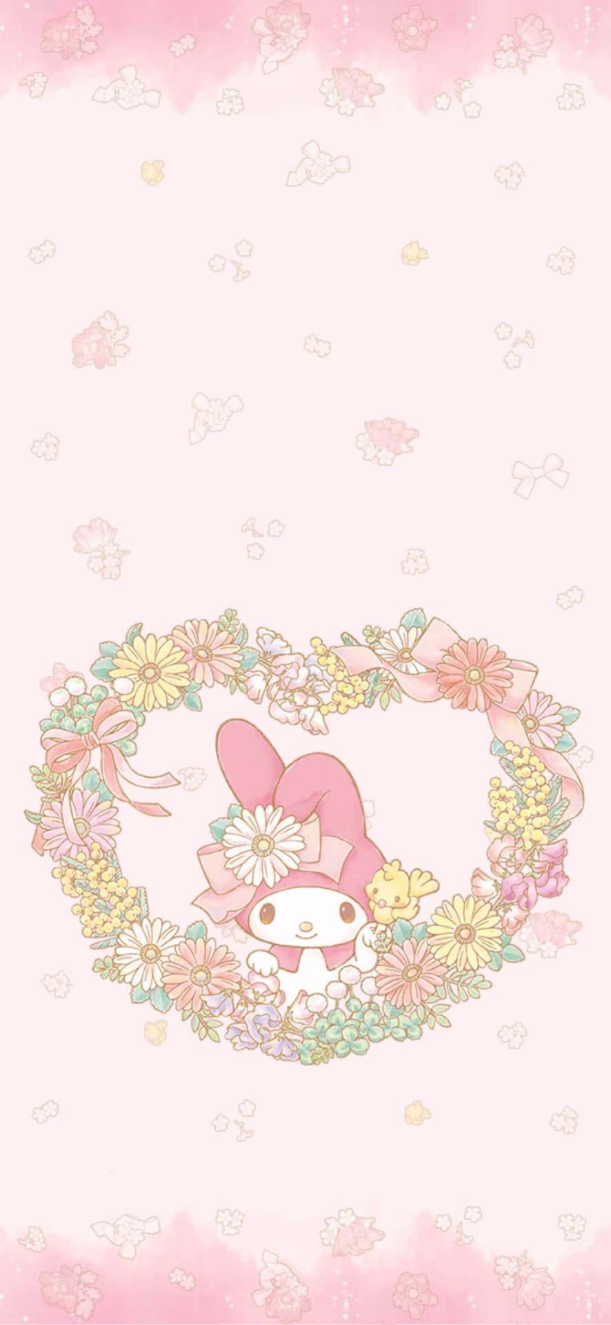 Cute My Melody In Floral Heart Frame — 886x1920 wallpaper