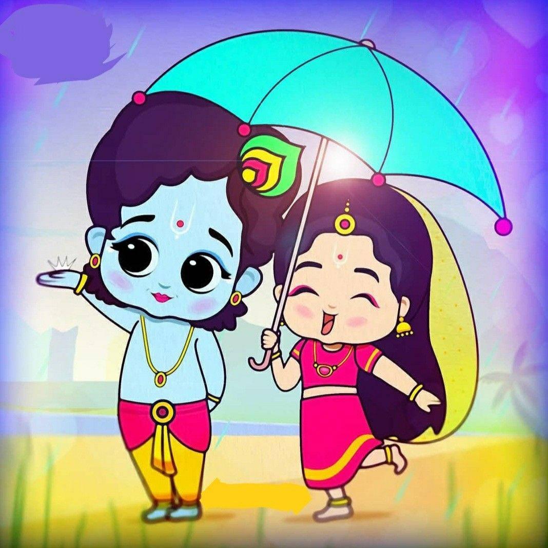 Cute Radha Krishna Blue Umbrella — 1068x1068 wallpaper