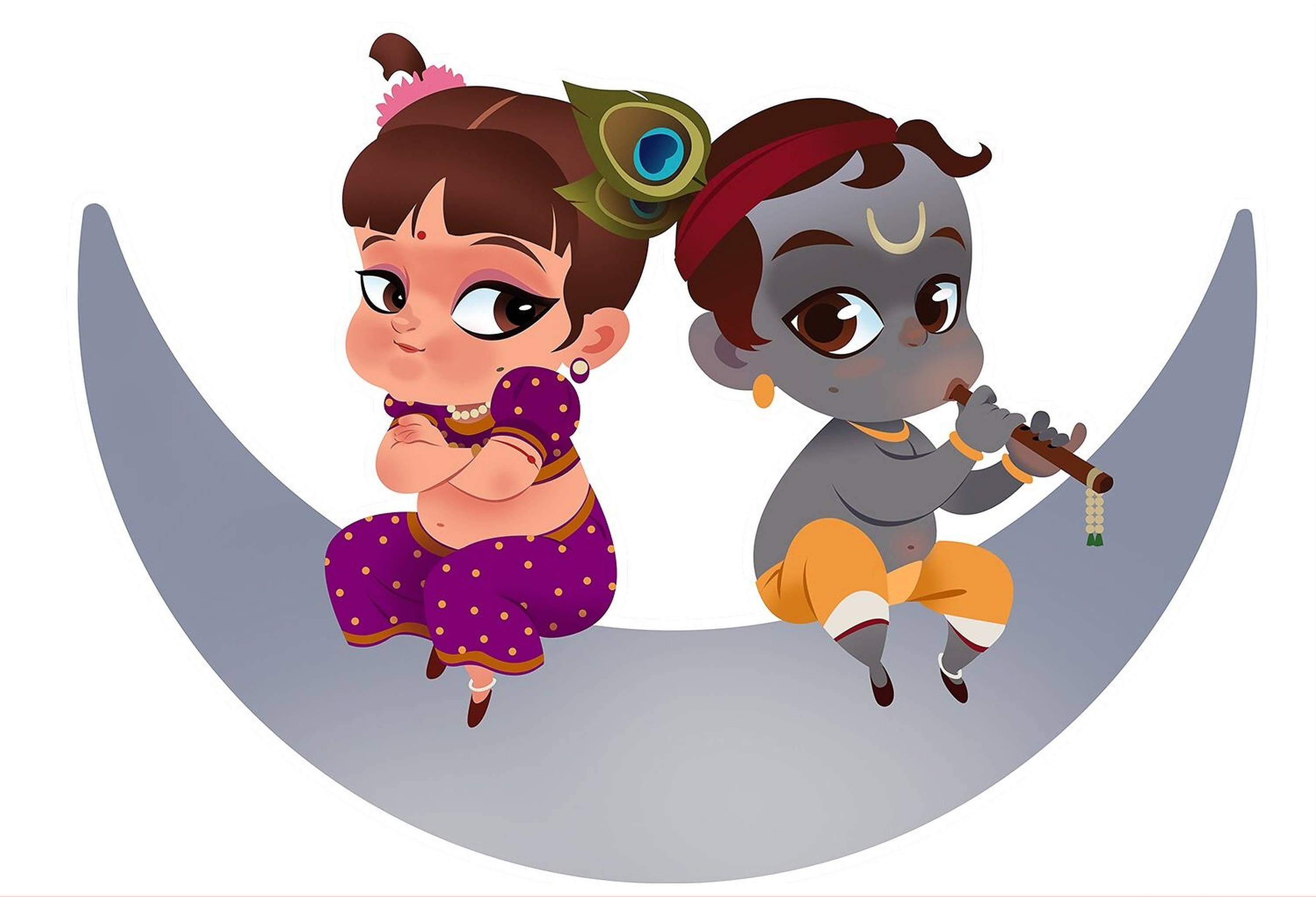 Cute Radha Krishna Crescent Moon Art — 2995x2040 wallpaper