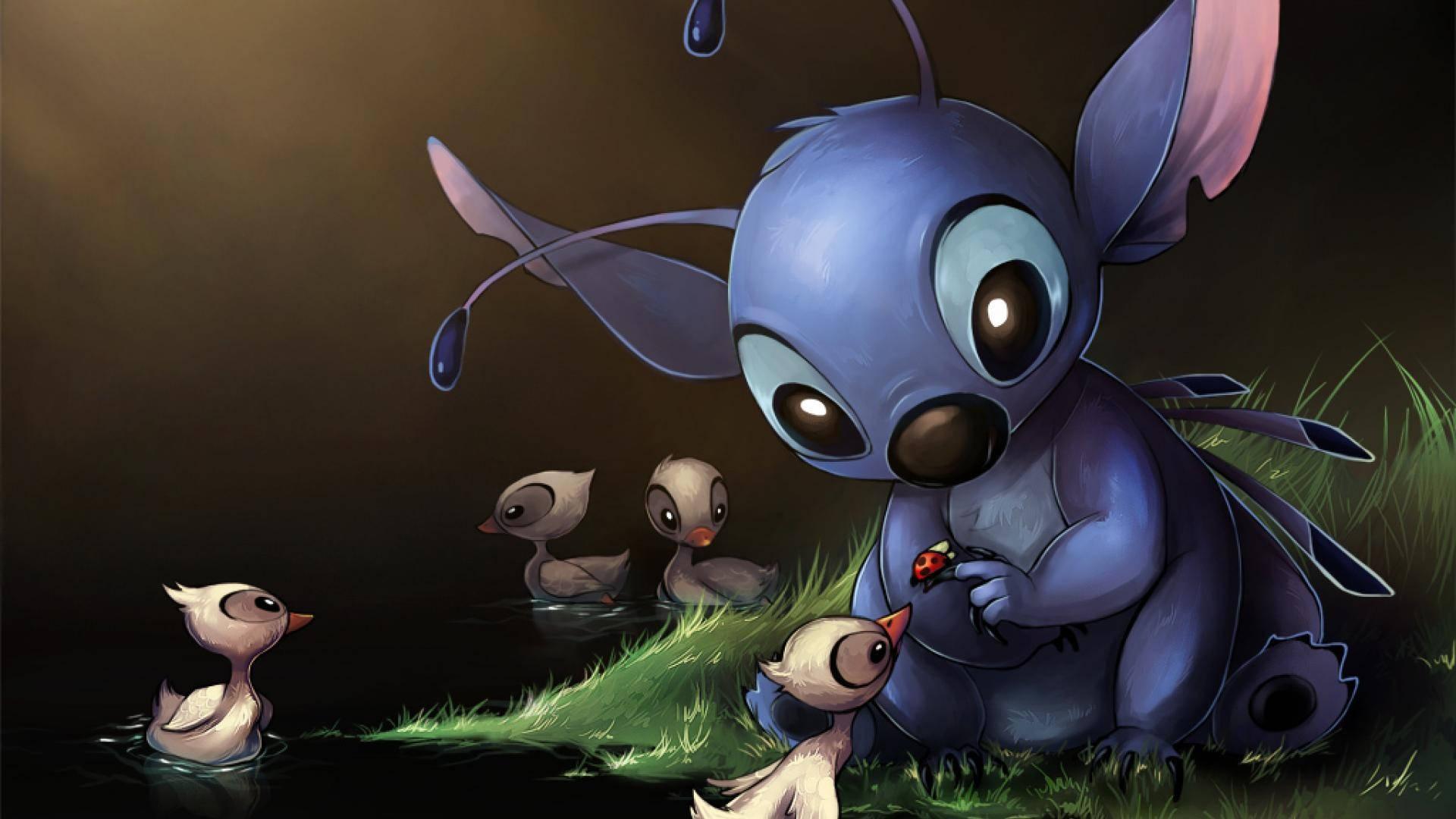 Cute Stitch Feeds Duck — 1920x1080 wallpaper