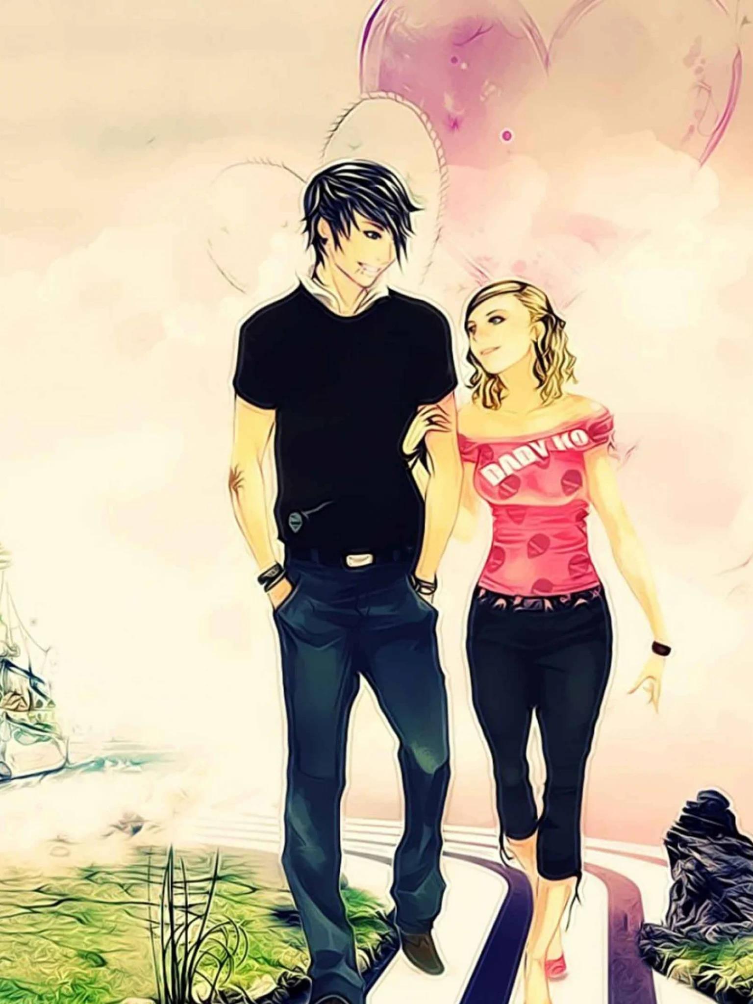 Cute Teen Cartoon Couple — 1536x2048 wallpaper