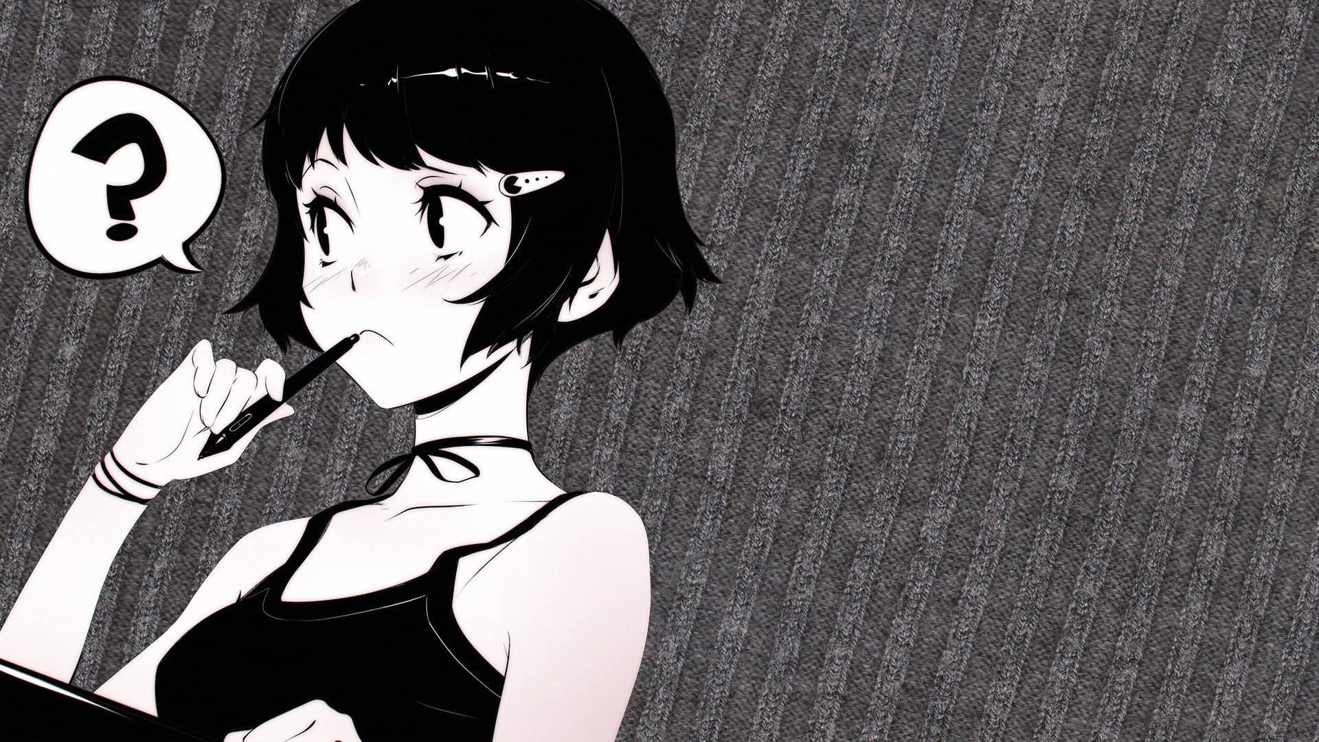 Cute Thinking Anime Girl Black And White PFP — 1920x1080 wallpaper