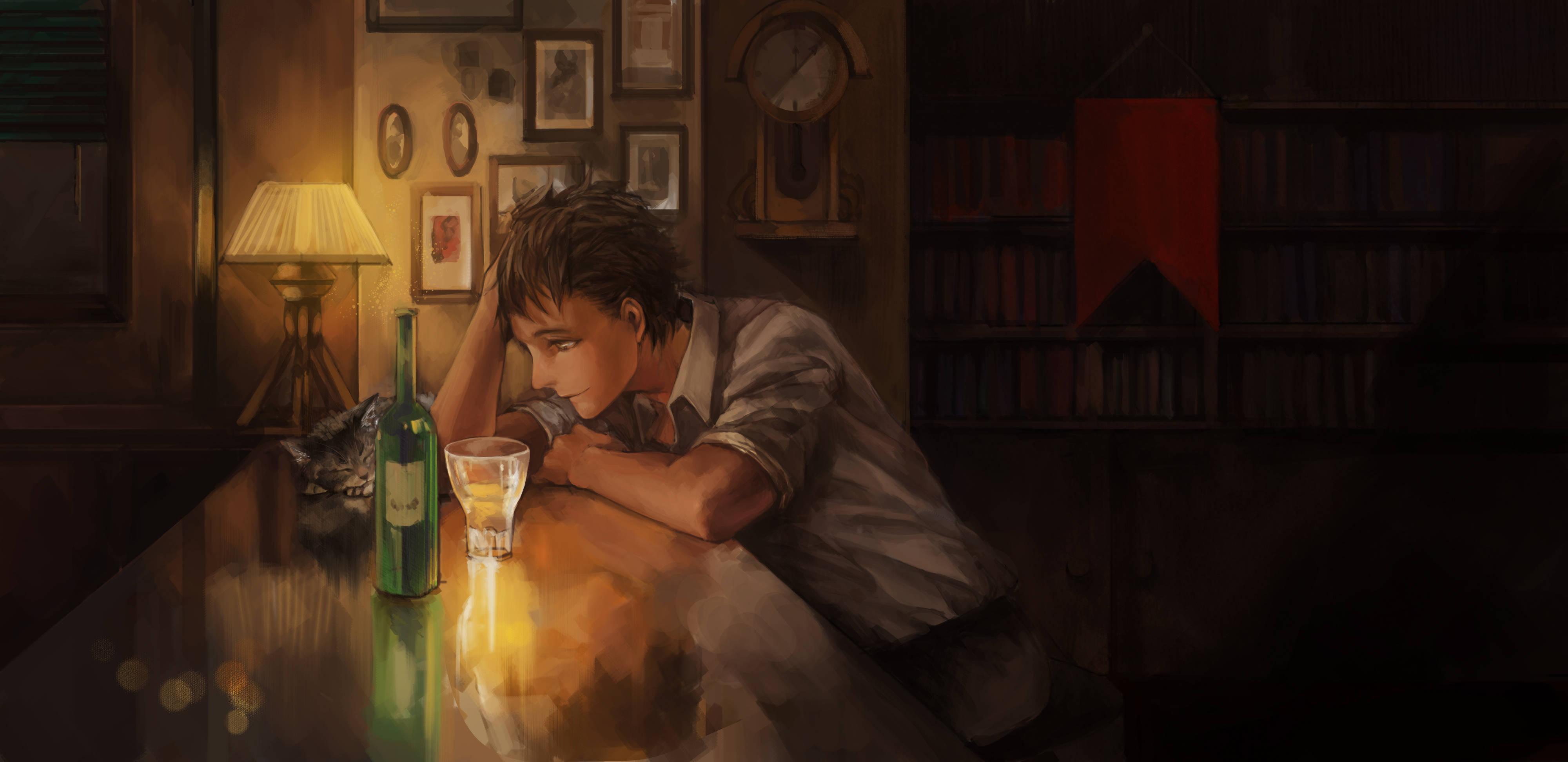 Dark Anime Drinking Man — 4000x1945 wallpaper