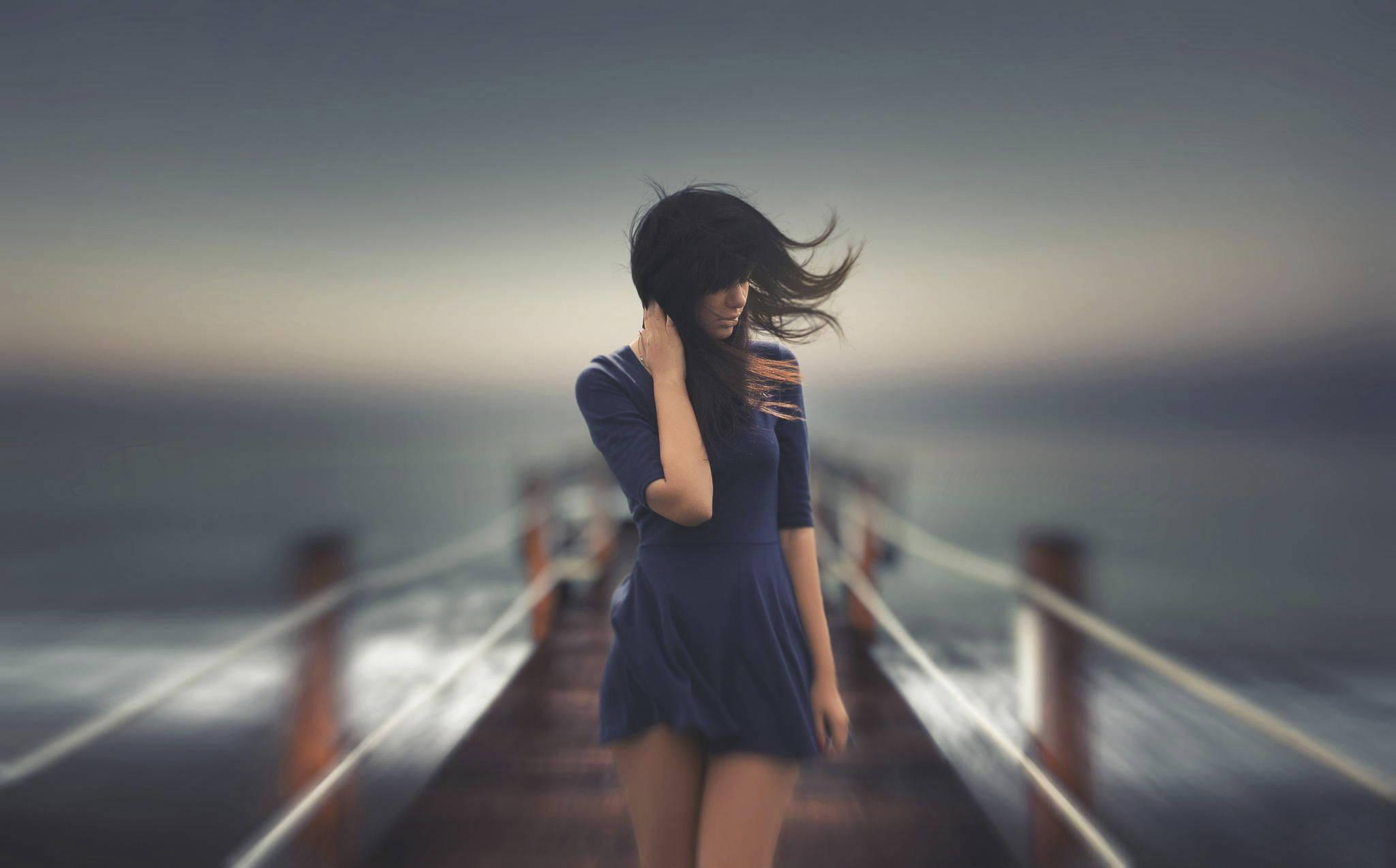 Dark Blue Dress Girl Alone — 2048x1274 wallpaper