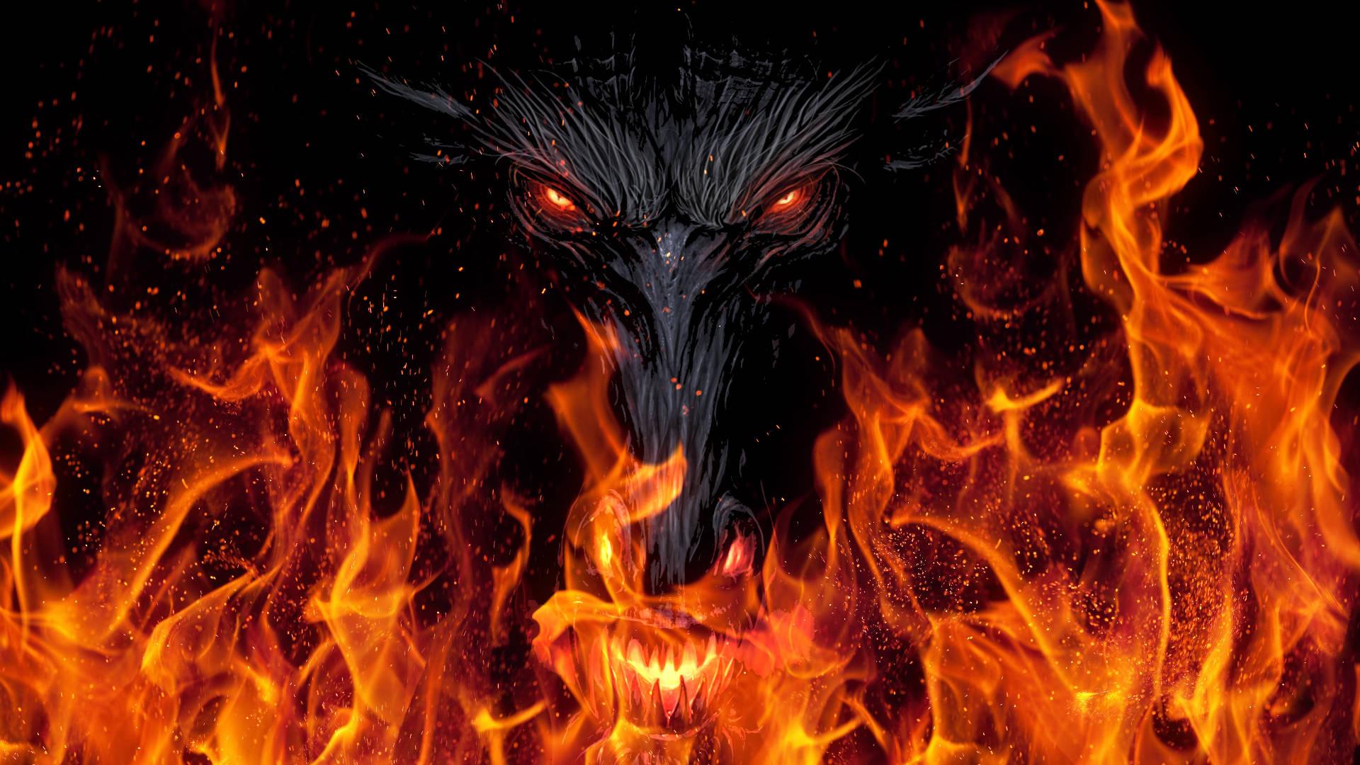 Dark Devil Face Behind Flames — 1920x1080 wallpaper