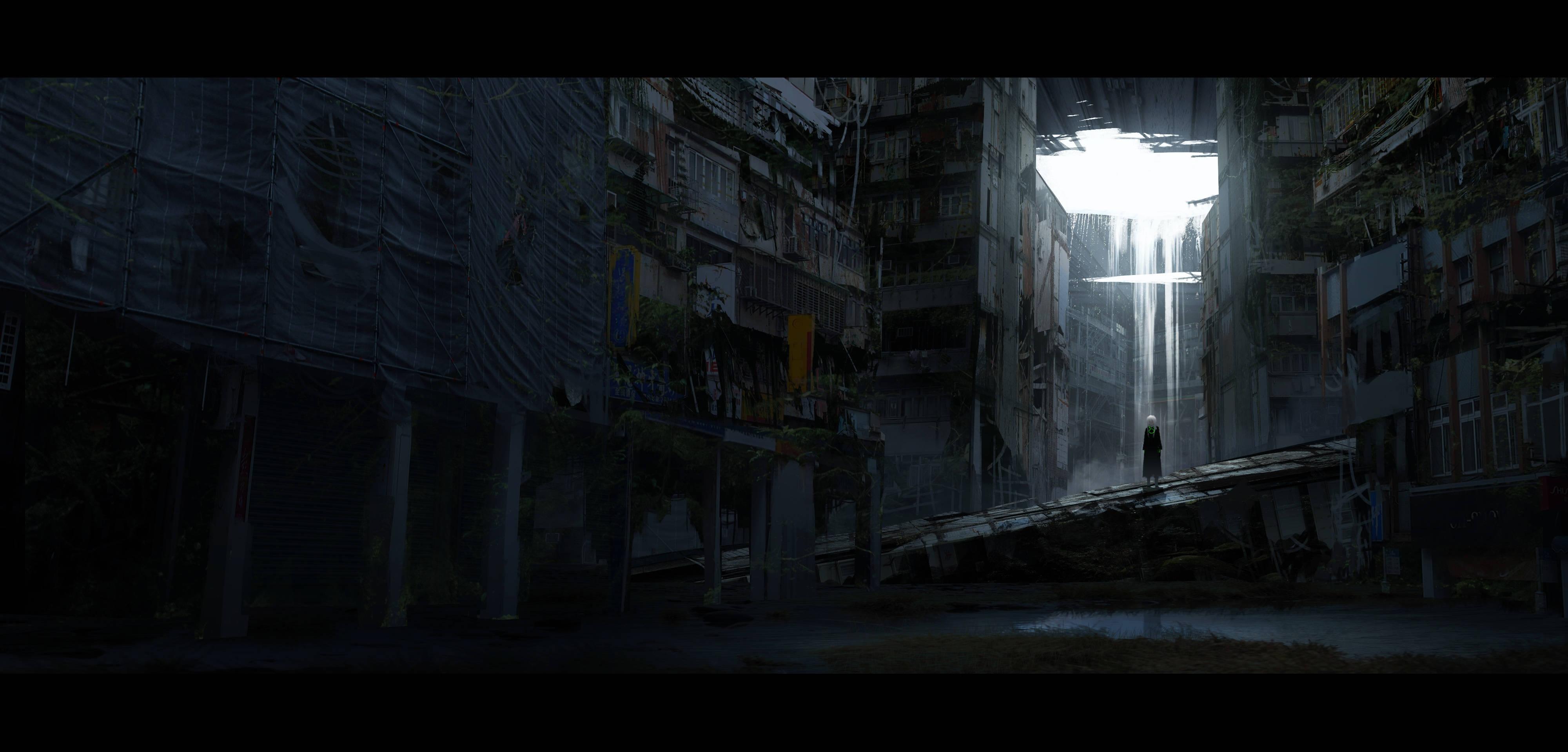 Darkened Cityscape in an Anime Universe — 4000x1920 wallpaper