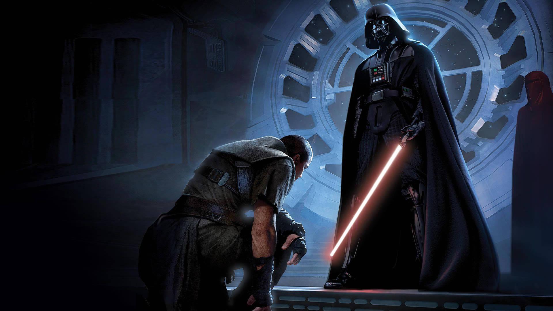 Darth Vader looms over a light saber