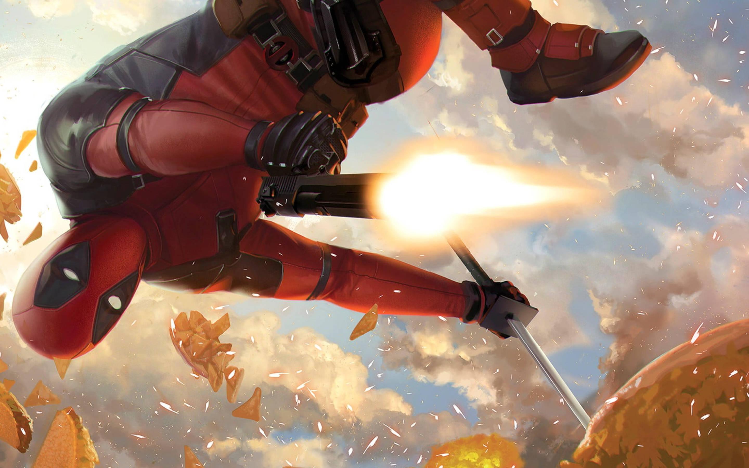 Deadpool In Mid-Air Shooting — 2880x1800 wallpaper