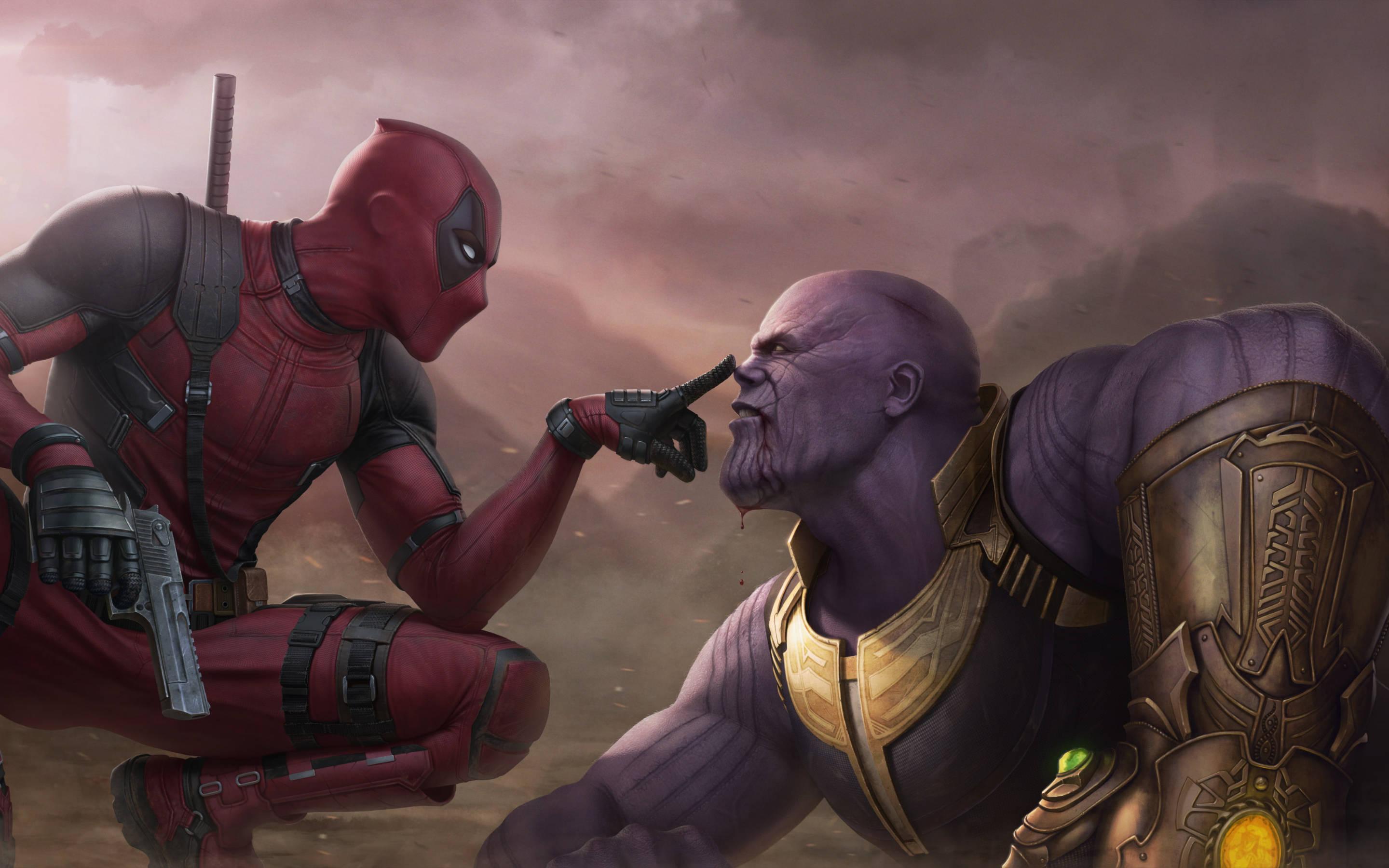 Deadpool Pointing At Thanos — 2880x1800 wallpaper