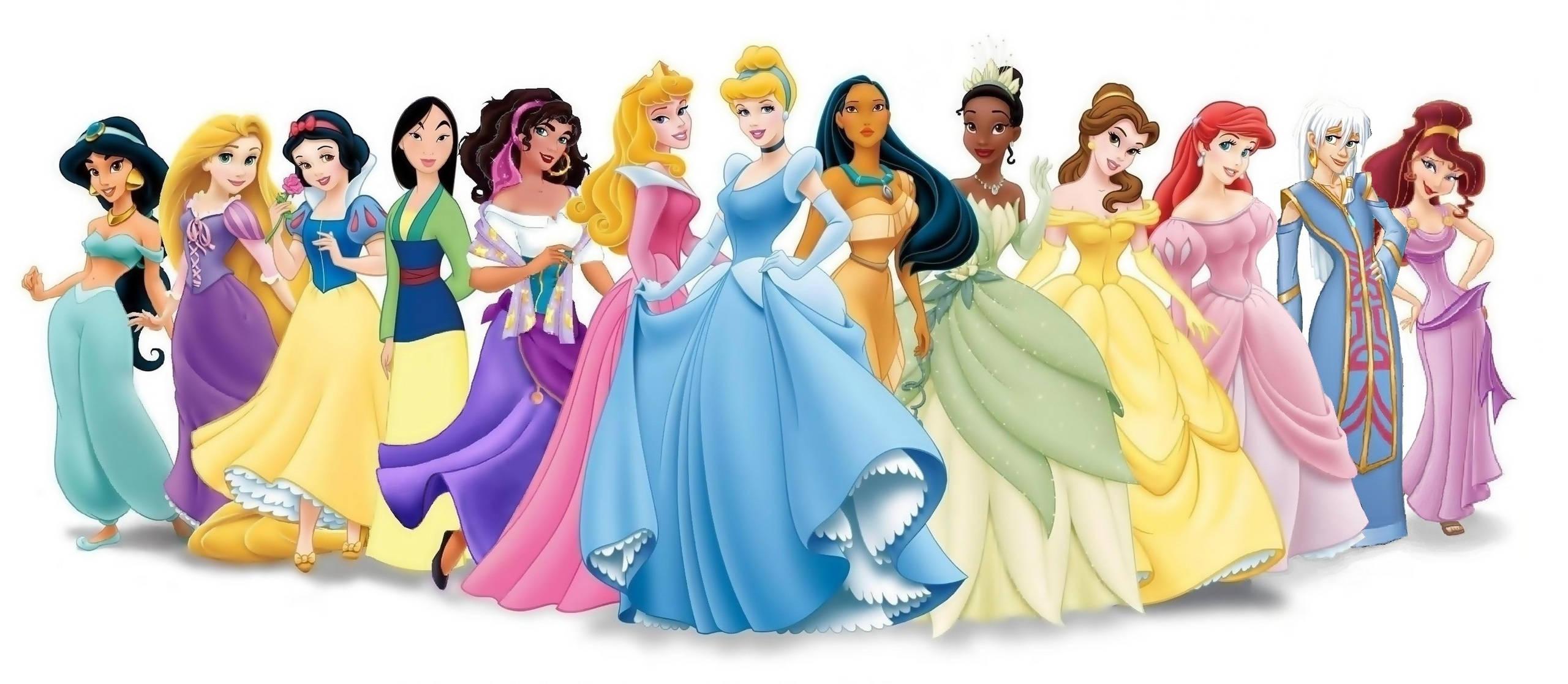 Disney Princesses In Colorful Dresses — 2560x1117 wallpaper