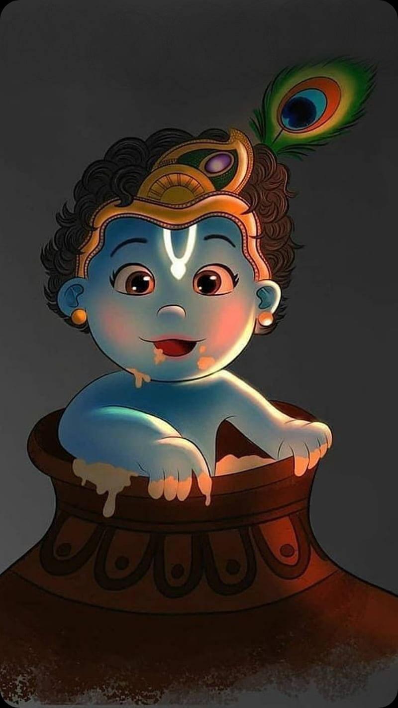 Divine Joy - Illustration of Young Bal Krishna in a Clay Pot — 800x1422 wallpaper
