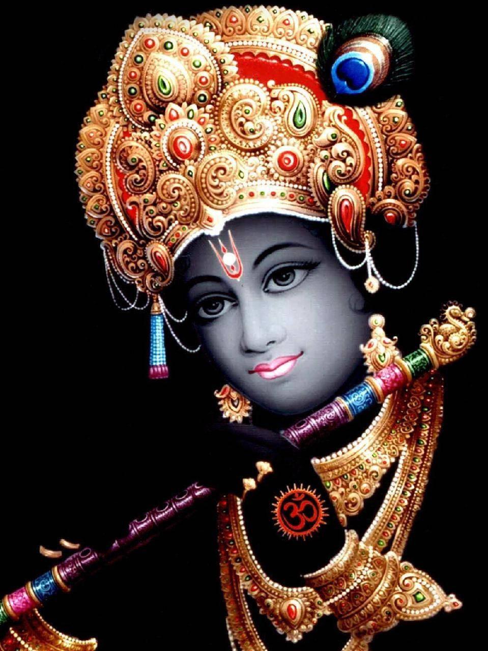 Divine Krishna with Golden Trinkets Phone Wallpaper — 959x1280 wallpaper