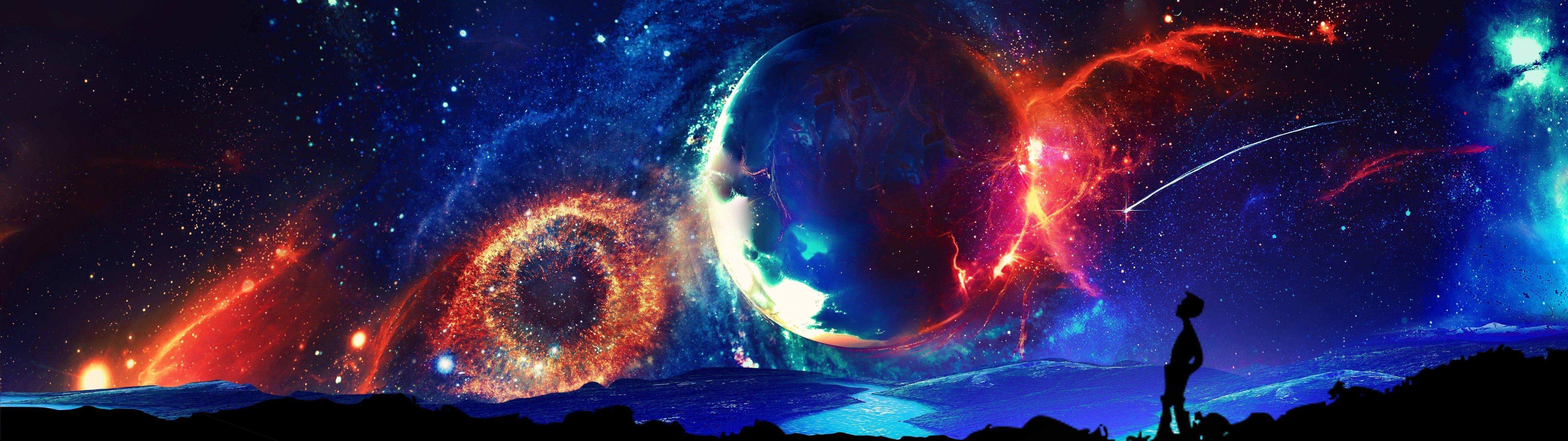 Dual Monitor Colorful Fireworks And Stars — 5120x1440 wallpaper