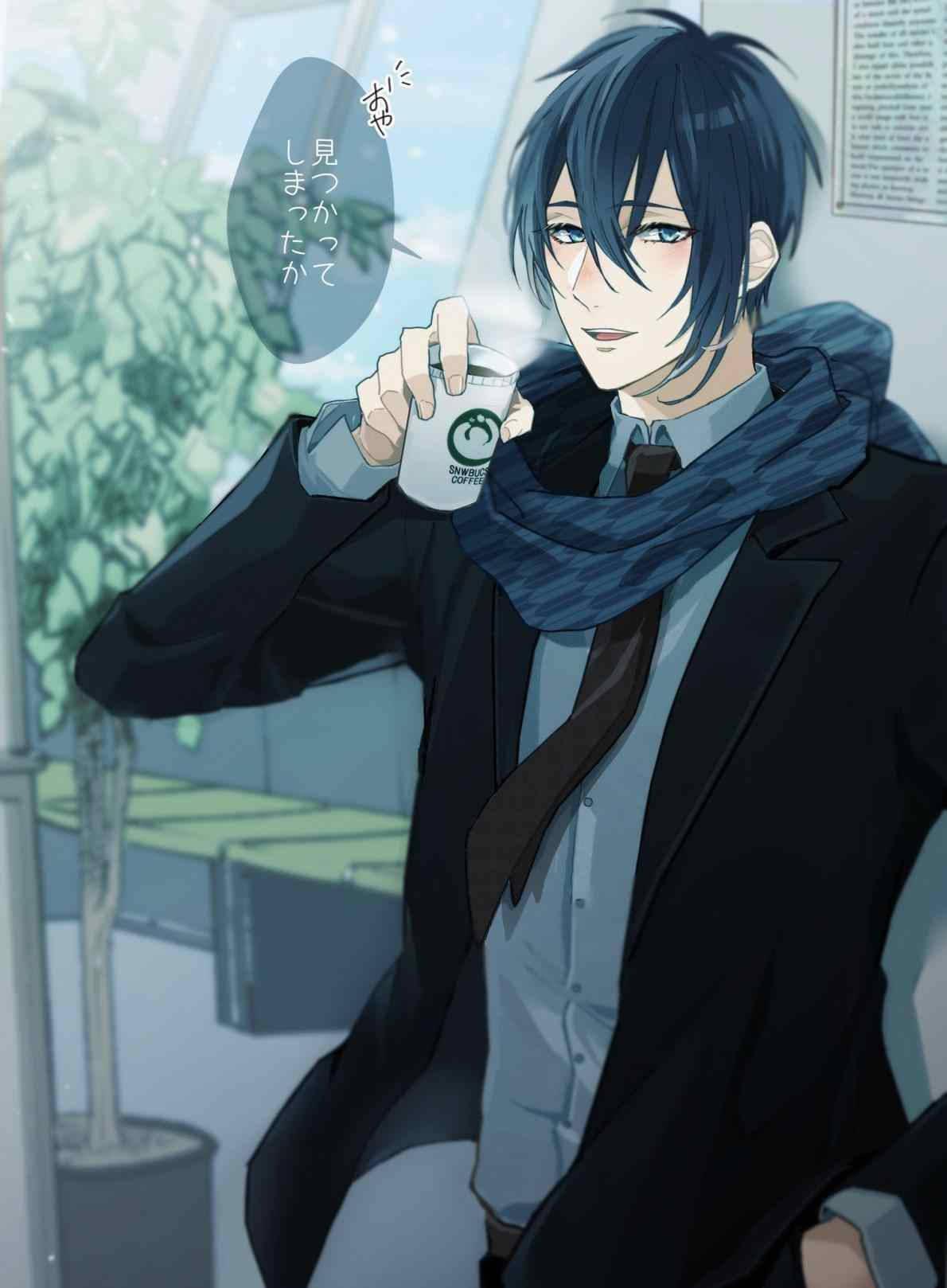 Enjoying a cup of coffee, this handsome anime boy is content. — 1190x1618 wallpaper