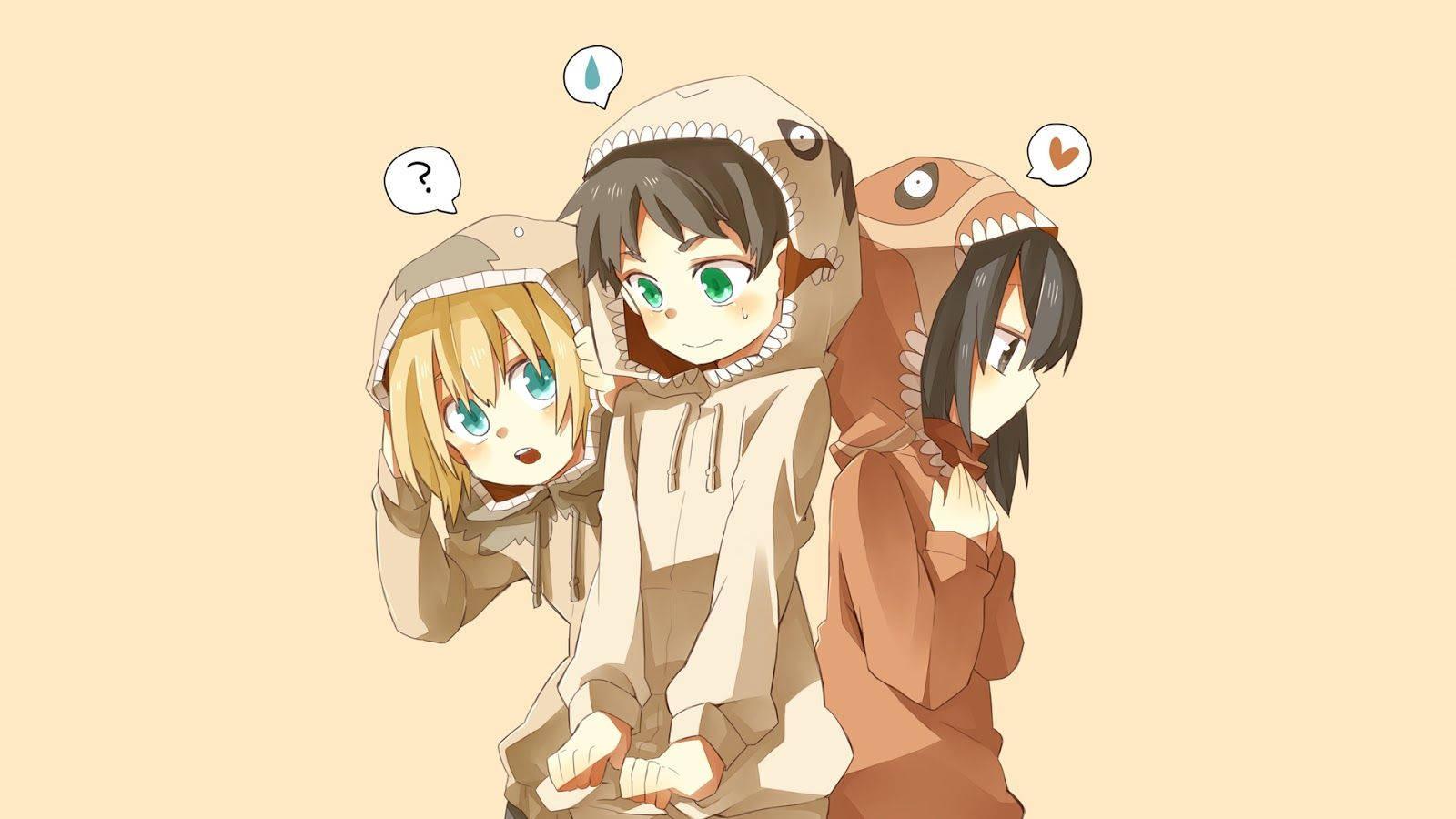 Eren, Armin, and Mikasa stand ready to take on the titans. — 1600x900 wallpaper