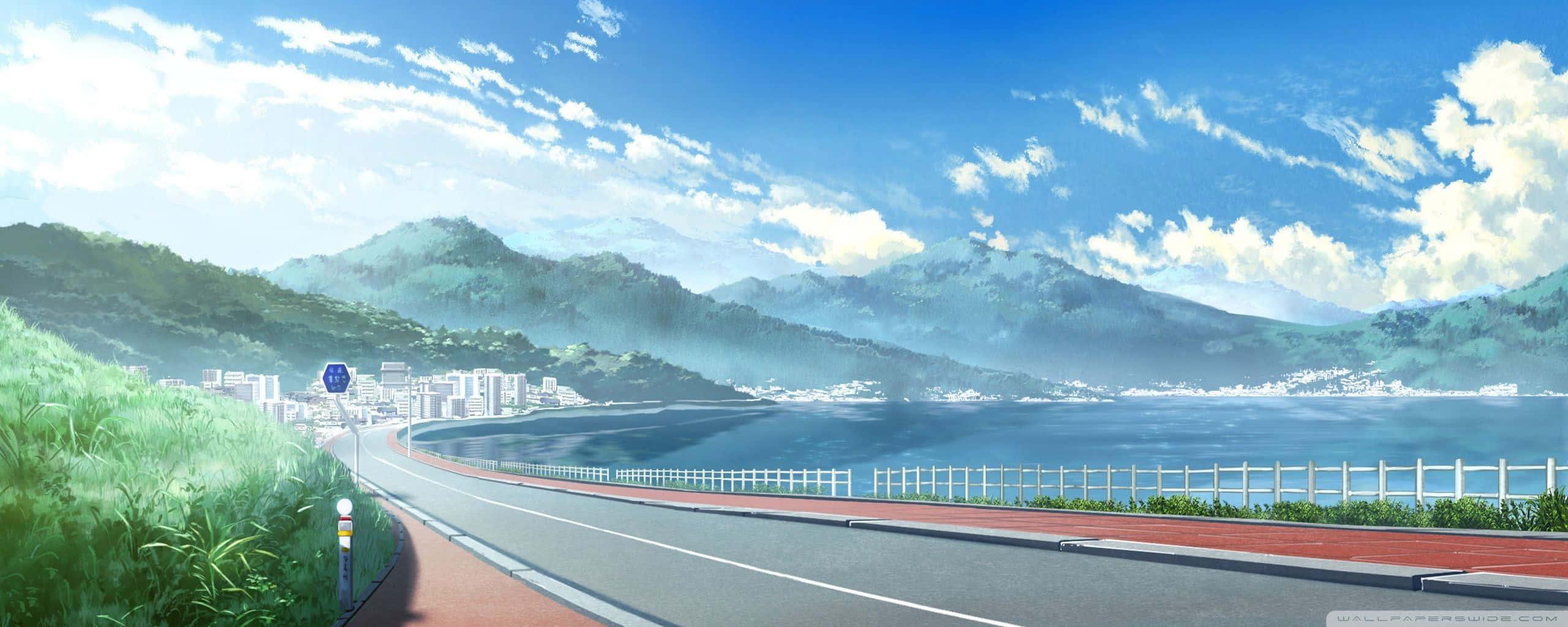 Experience a surreal journey through an anime-inspired landscape — 2560x1024 wallpaper