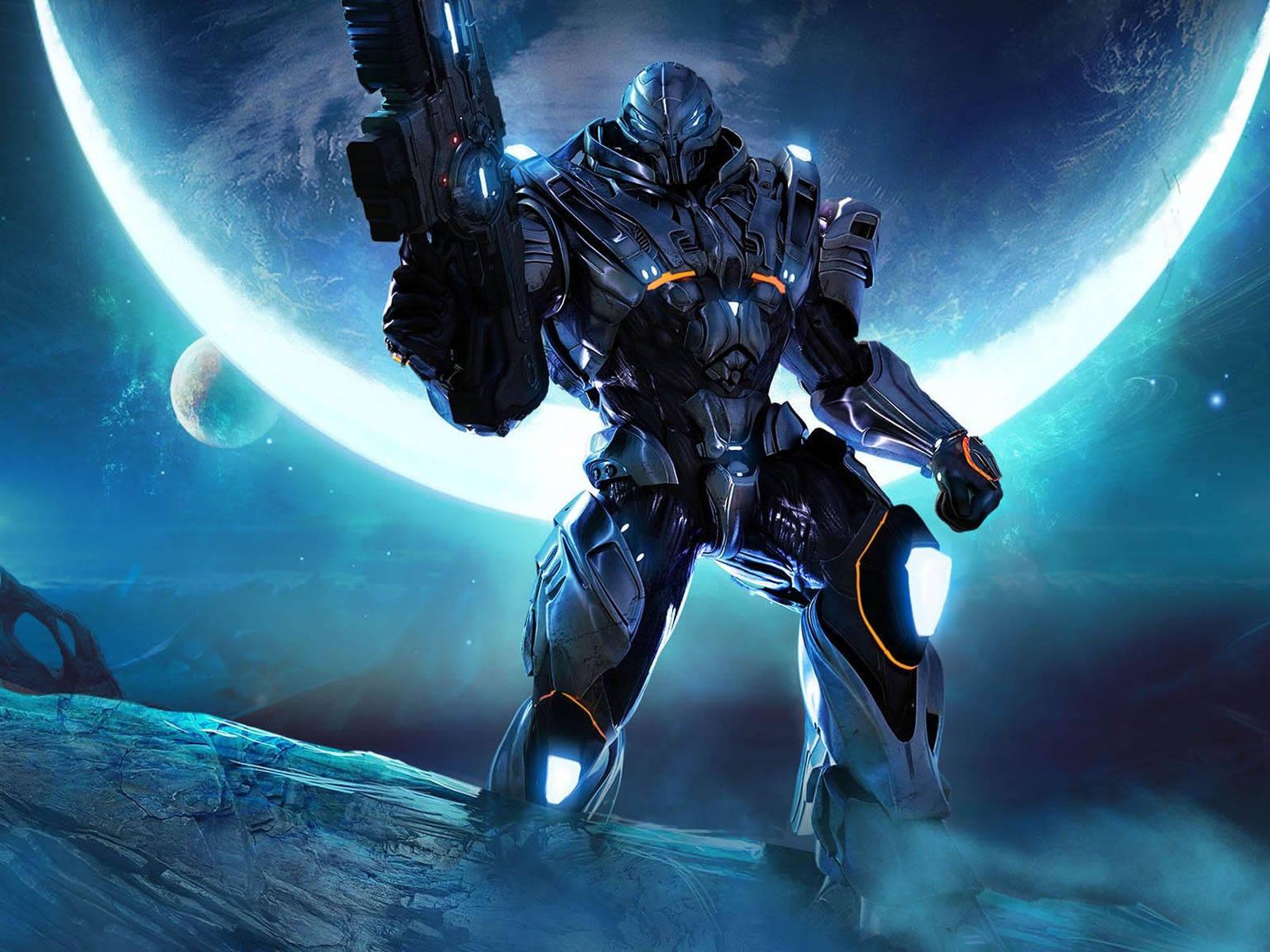 Fearsome 3D Mechanical Robot with Gun — 1600x1200 wallpaper