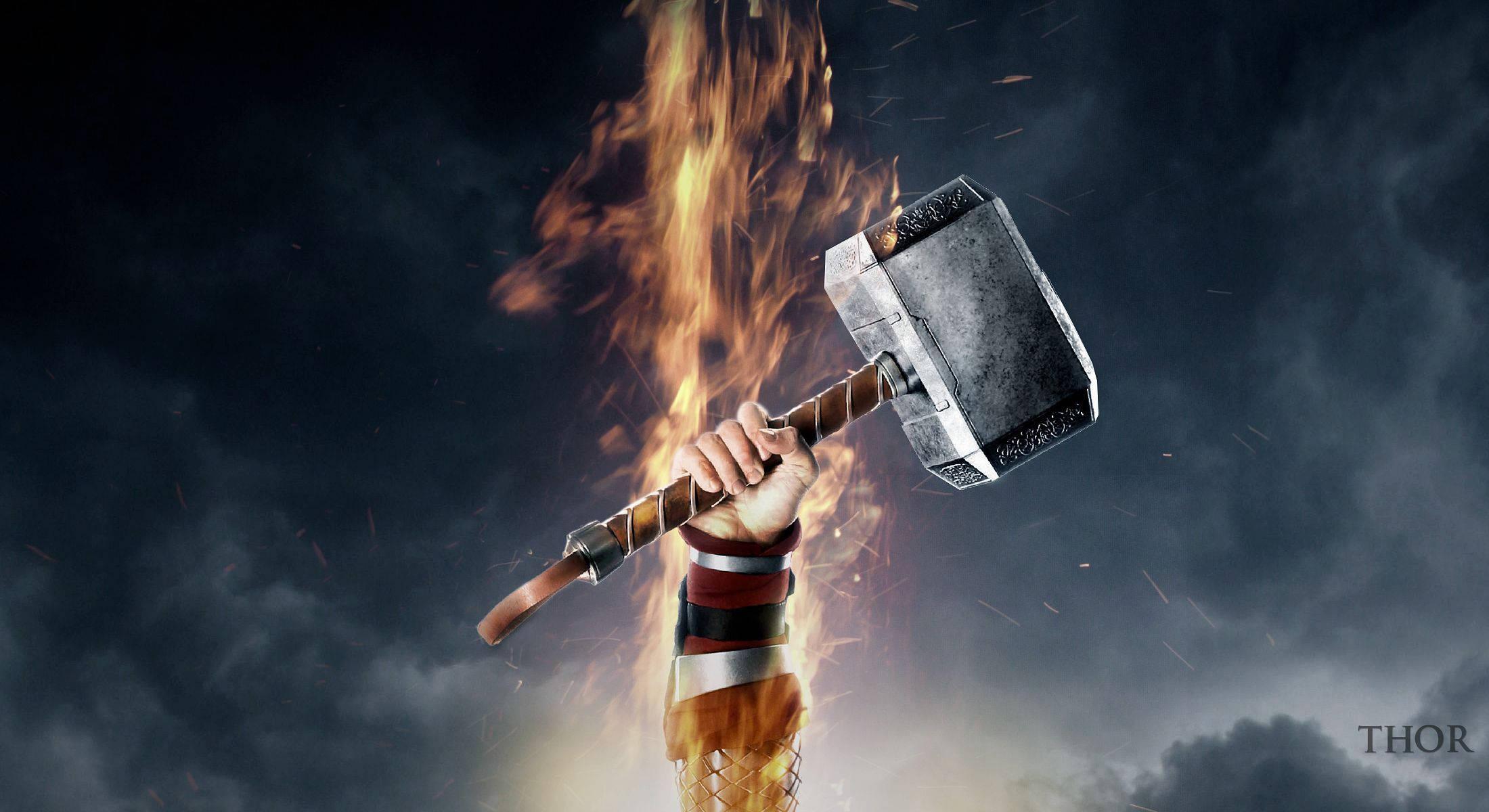 Flaming Hand Hammer of Thor — 2200x1200 wallpaper