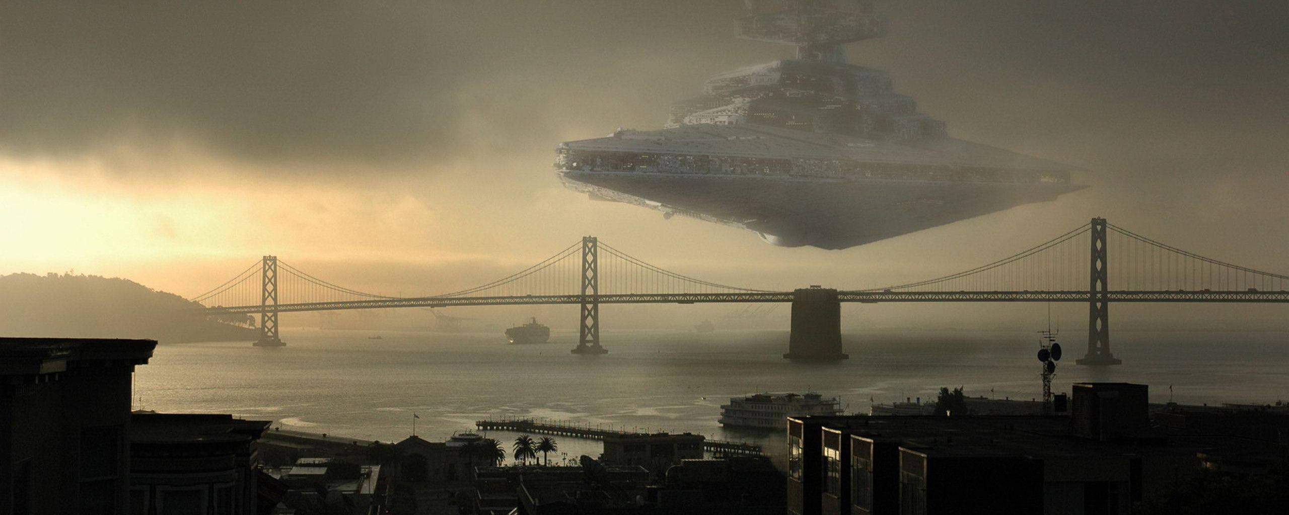 Floating Ship Over Bridge Dual Monitor — 2560x1024 wallpaper