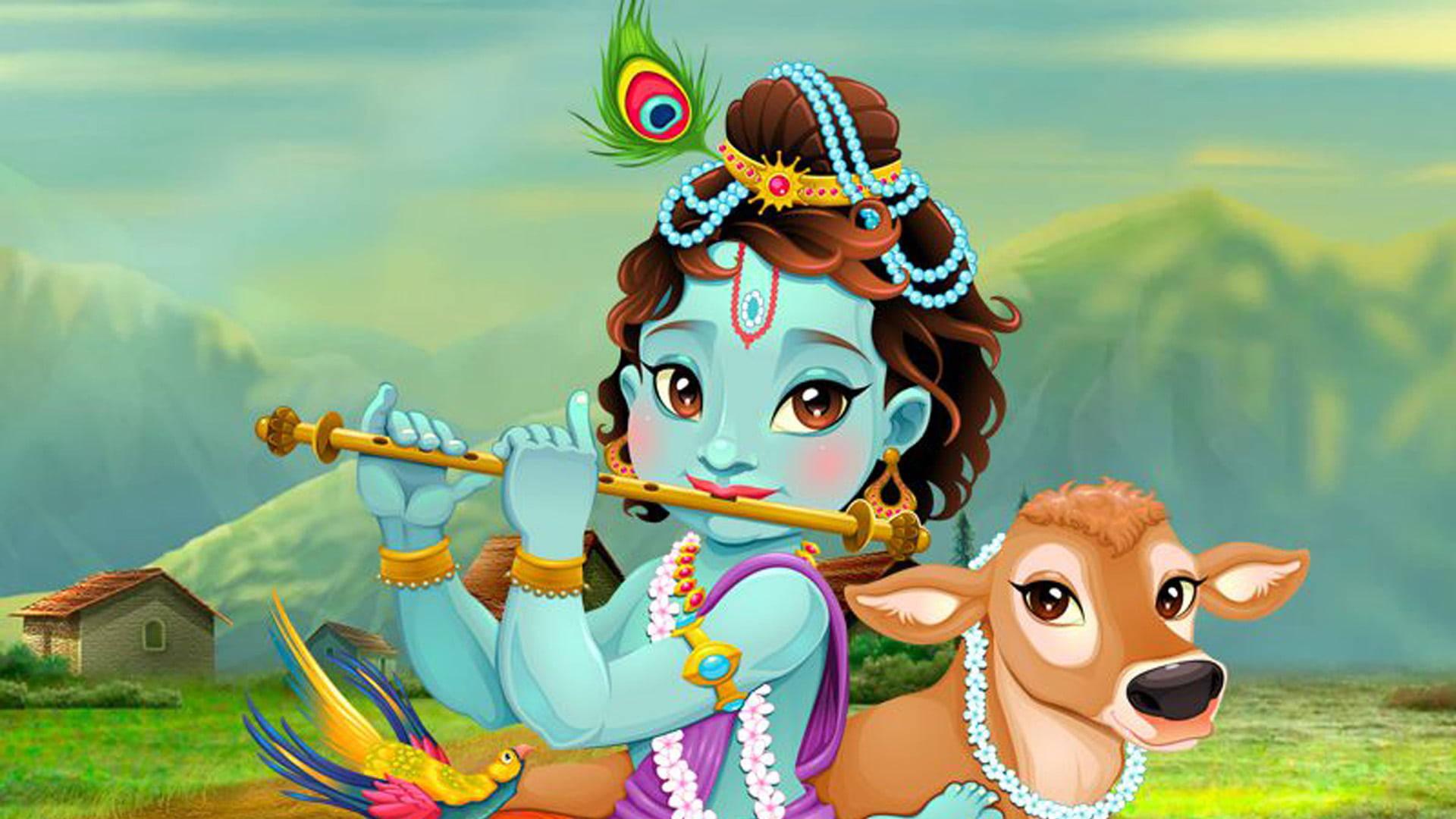 Flutist Cartoon Krishna And Calf — 1920x1080 wallpaper
