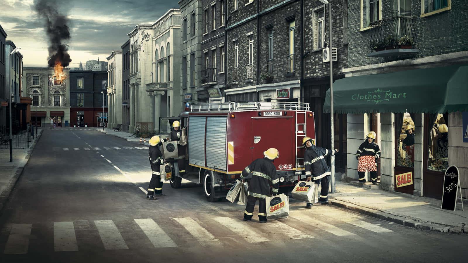 Funny Firemen Shopping For Clothes Background — 1600x900 wallpaper