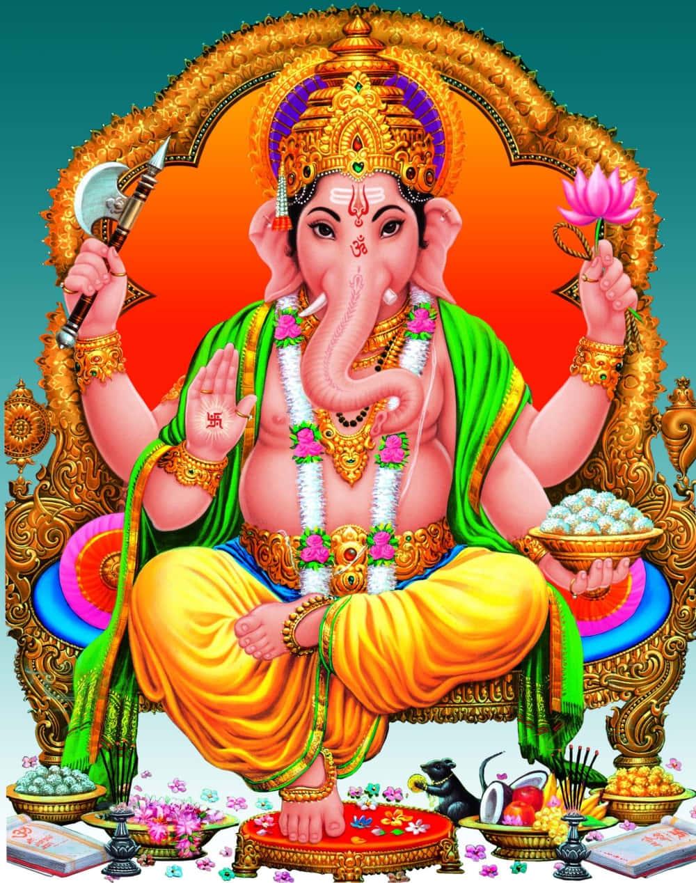 ganesha seated on a throne with a lotus flower — 1000x1268 wallpaper