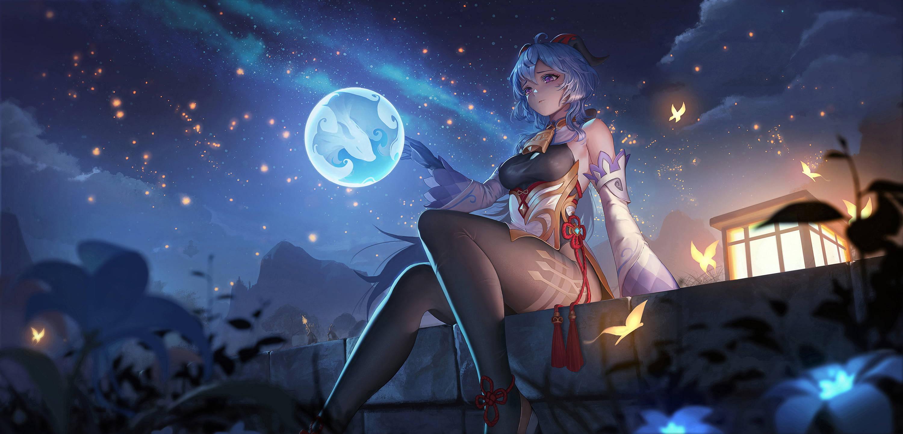 Genshin Impact Ganyu Under Moonlight — 3000x1445 wallpaper