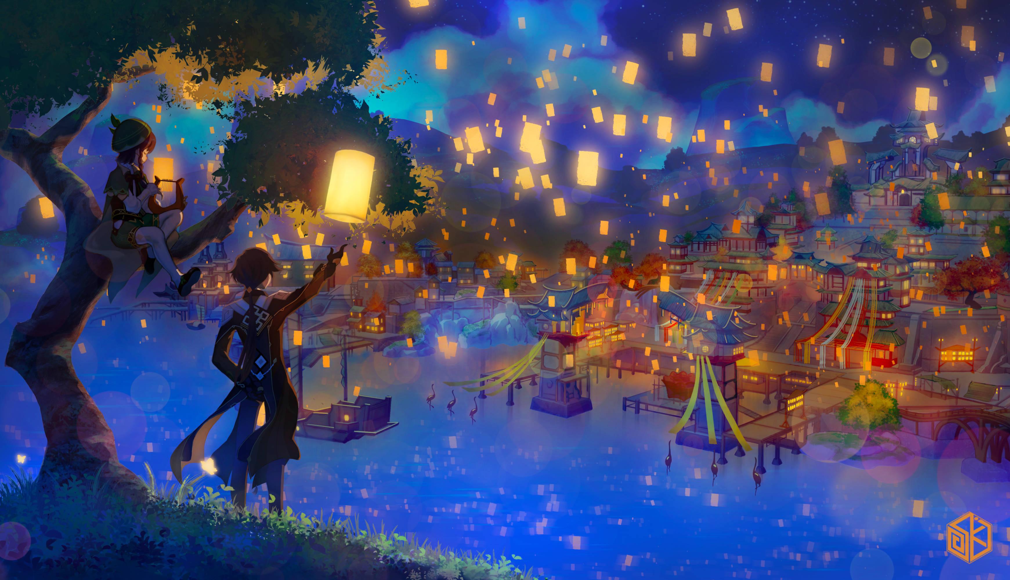 Genshin Impact Lanterns In The Sky — 3481x2000 wallpaper
