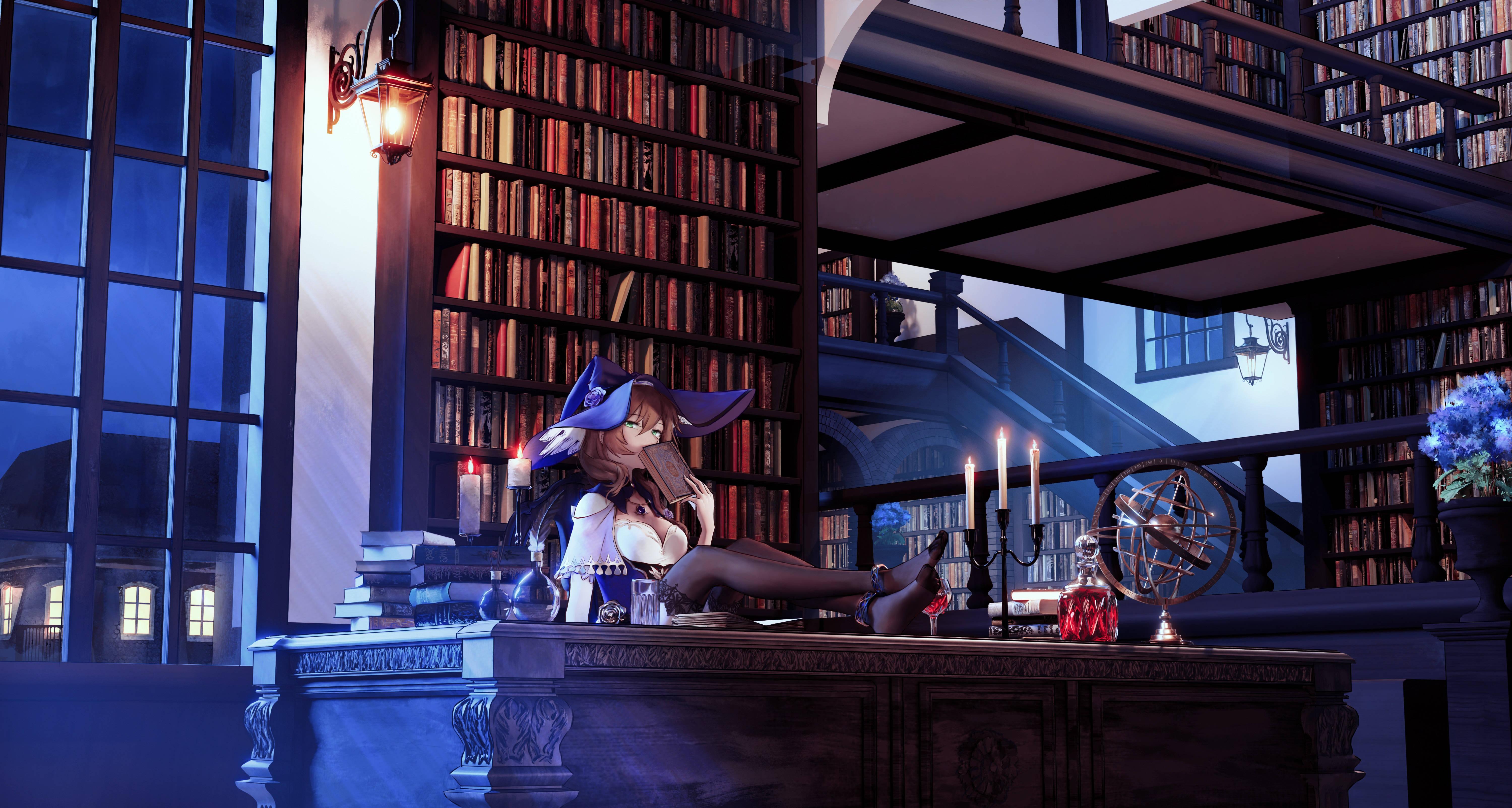 Genshin Impact Lisa In Library — 6000x3208 wallpaper