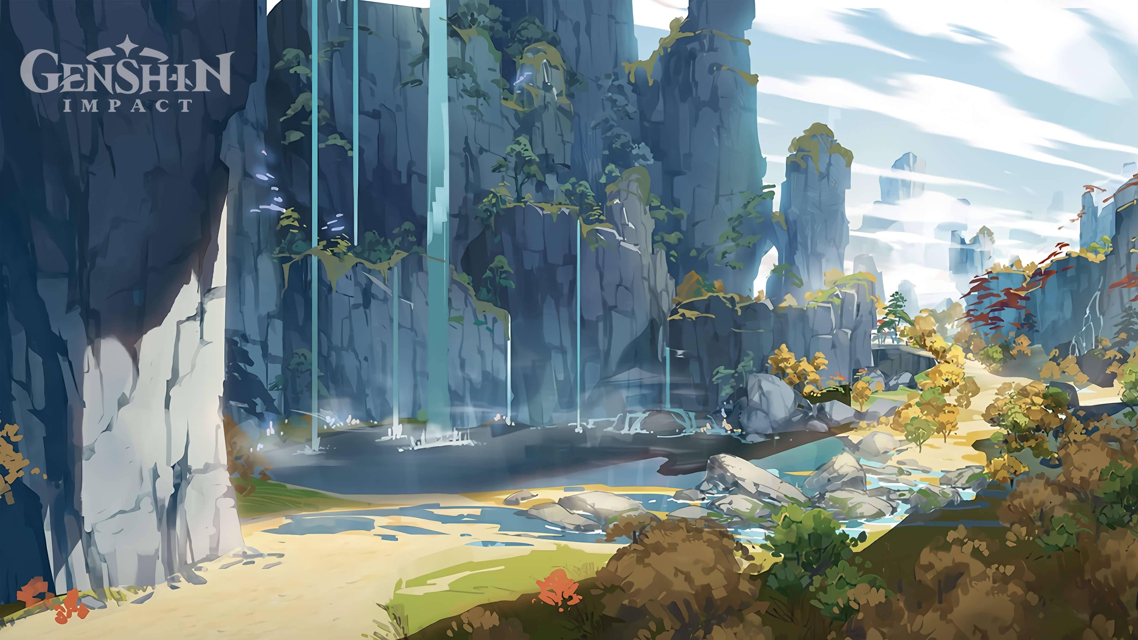 Genshin Impact Waterfalls Landscape — 3840x2160 wallpaper