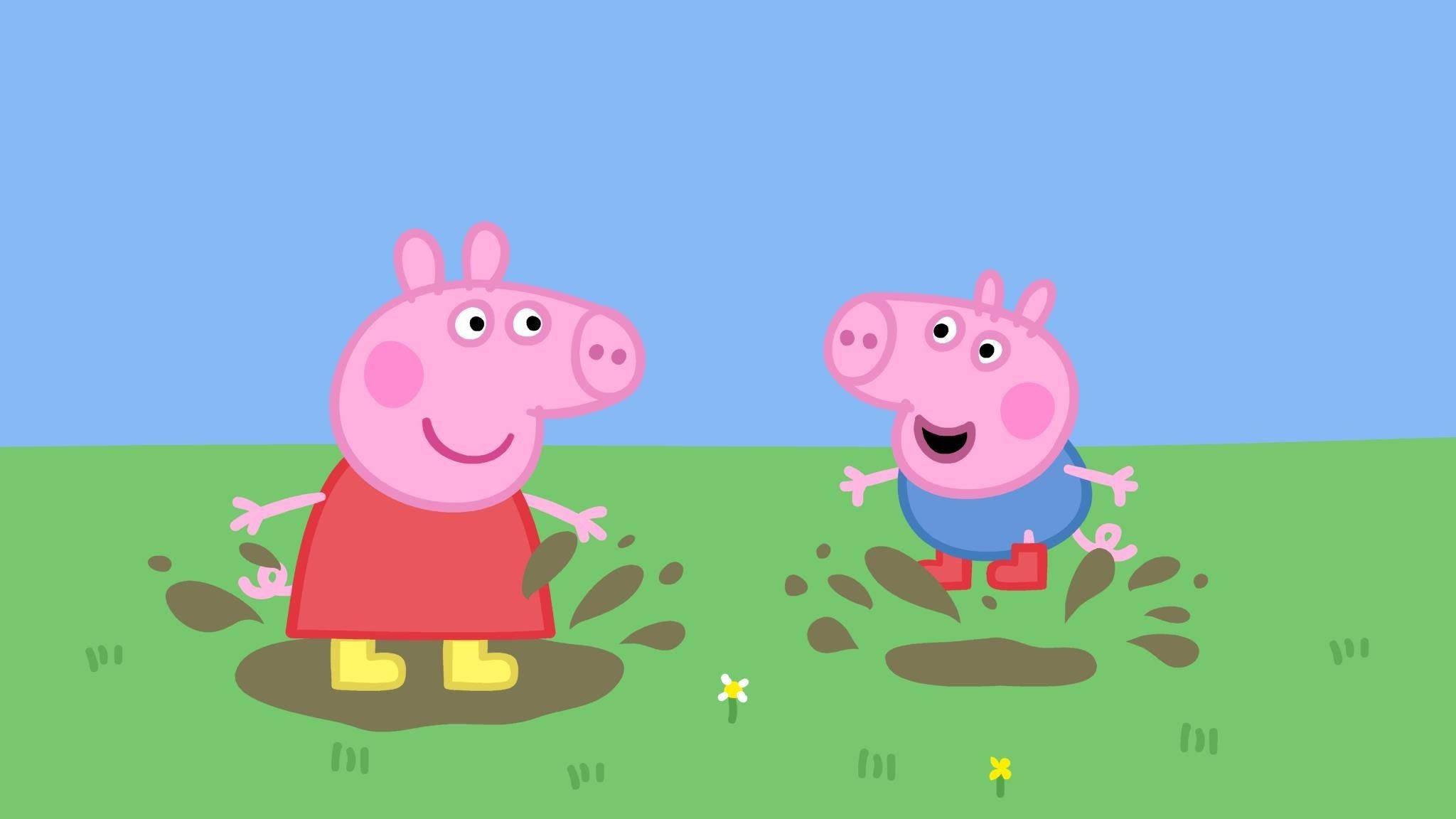 George and Peppa Pig Jumping in a Puddle — 2048x1152 wallpaper
