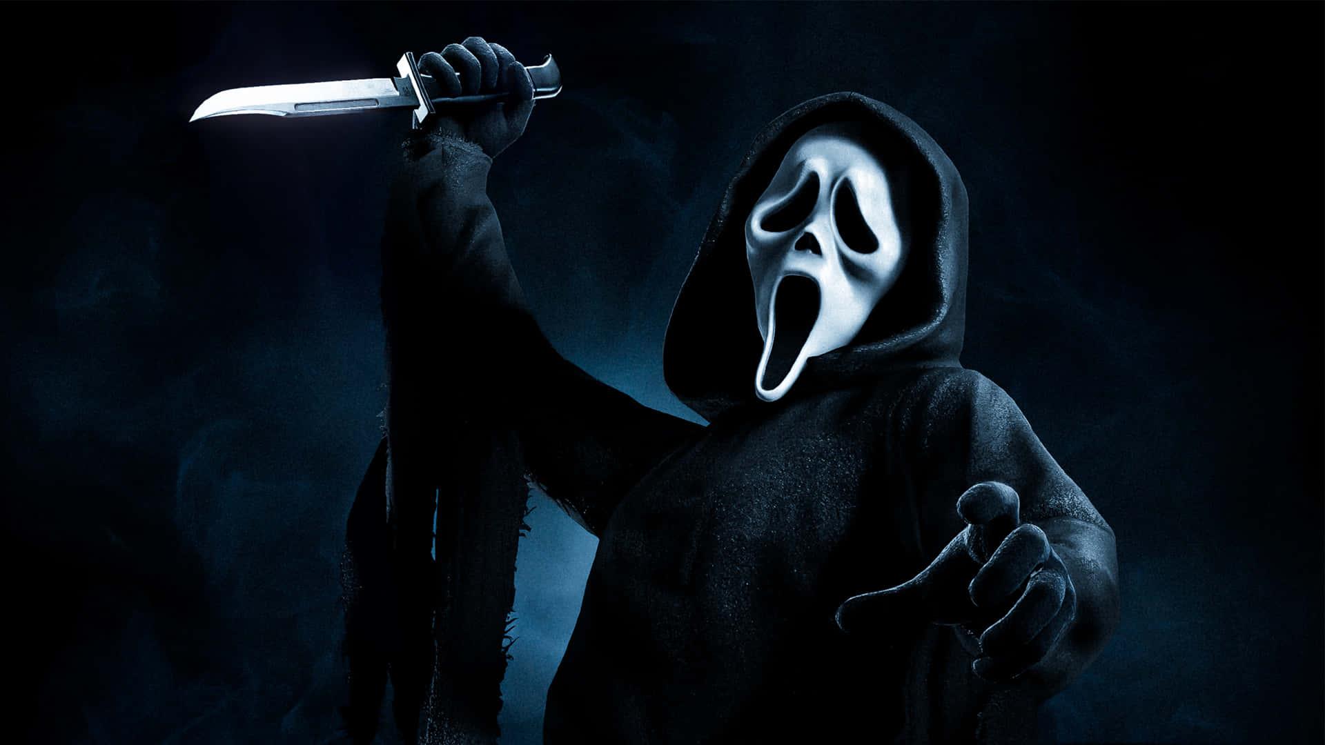 Ghostface stands menacingly atop a mountain of horror movies — 1920x1080 wallpaper