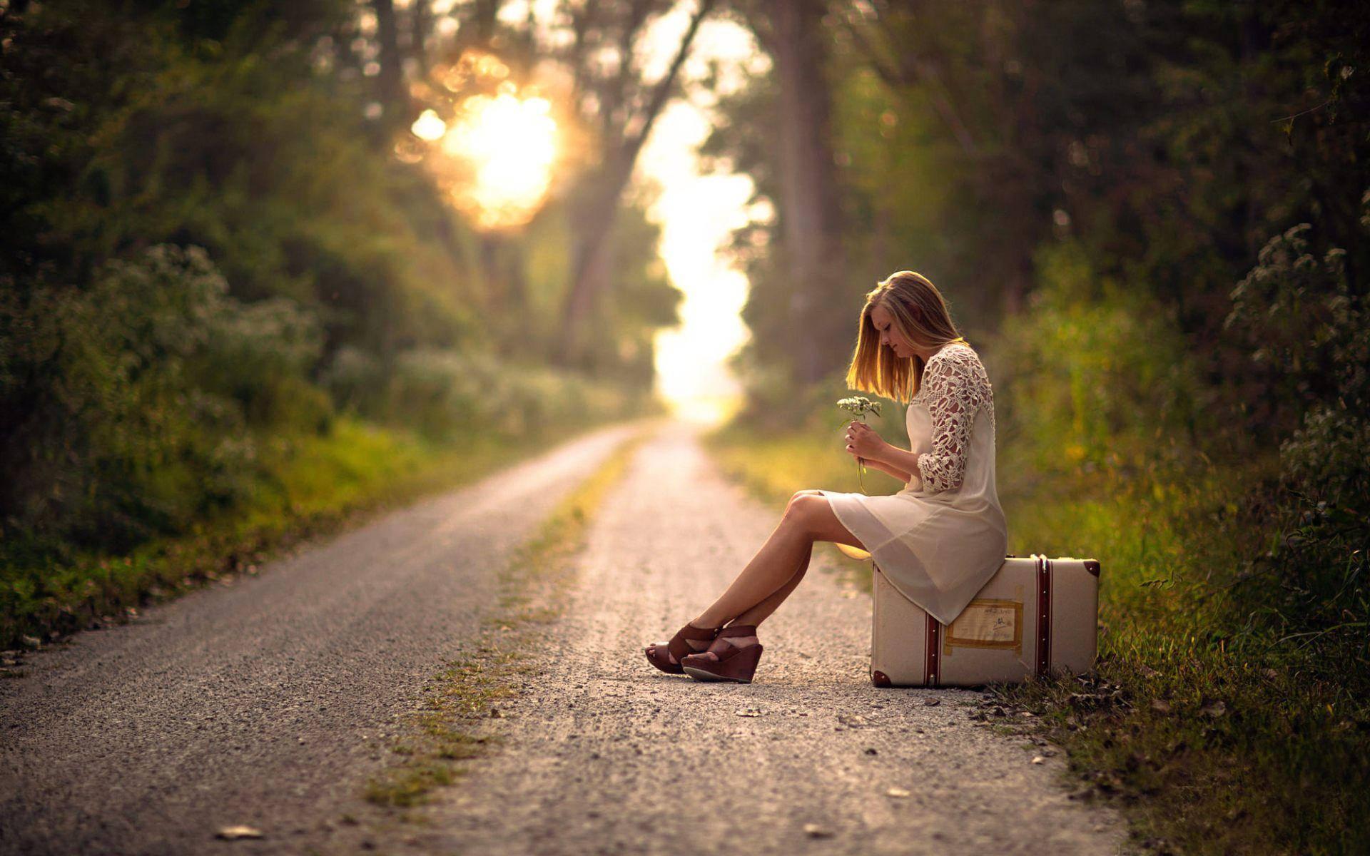 Girl Alone On Luggage — 1920x1200 wallpaper