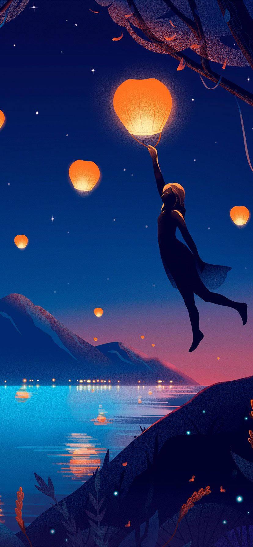 Girl And The Lanterns iPhone 11 — 828x1792 wallpaper