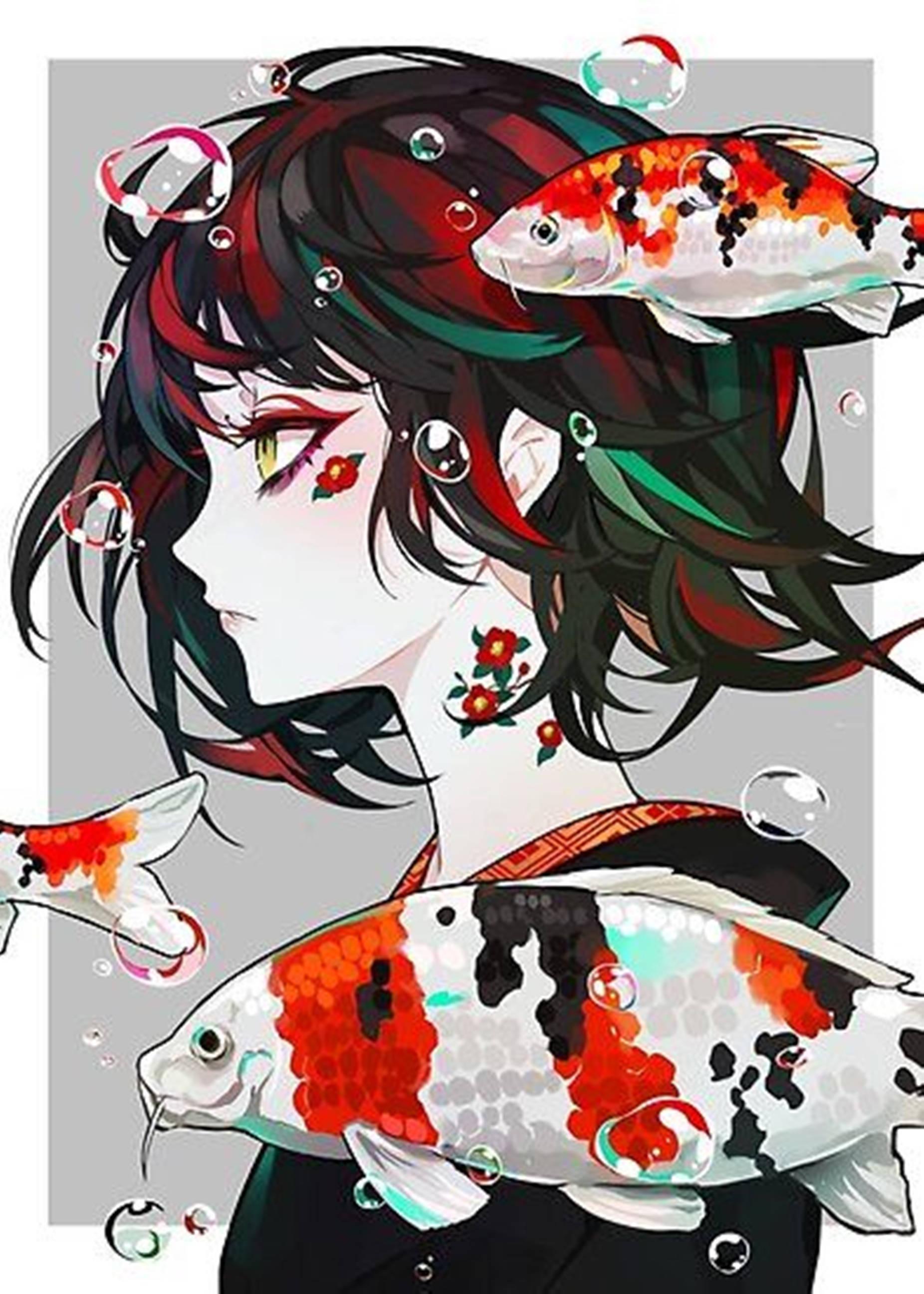 Girl Koi Fish Unique Cool PFP Digital Art — 1852x2592 wallpaper