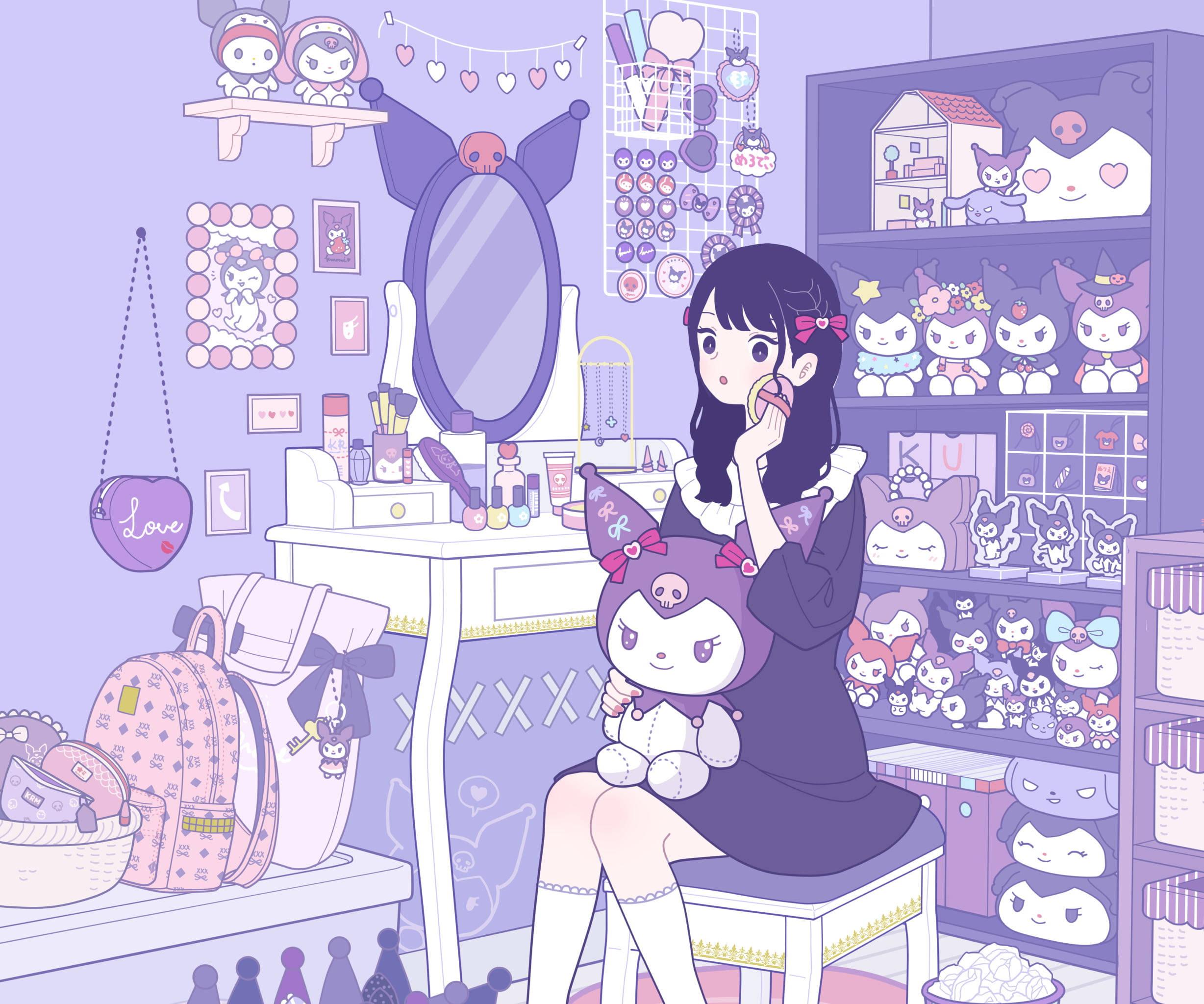 Girl With My Melody Kuromi Stuffed Toys — 2456x2047 wallpaper