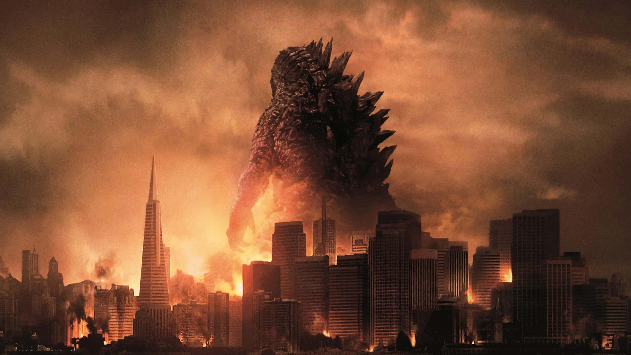 Godzilla Above City Orange Aesthetic Picture — 2560x1440 wallpaper