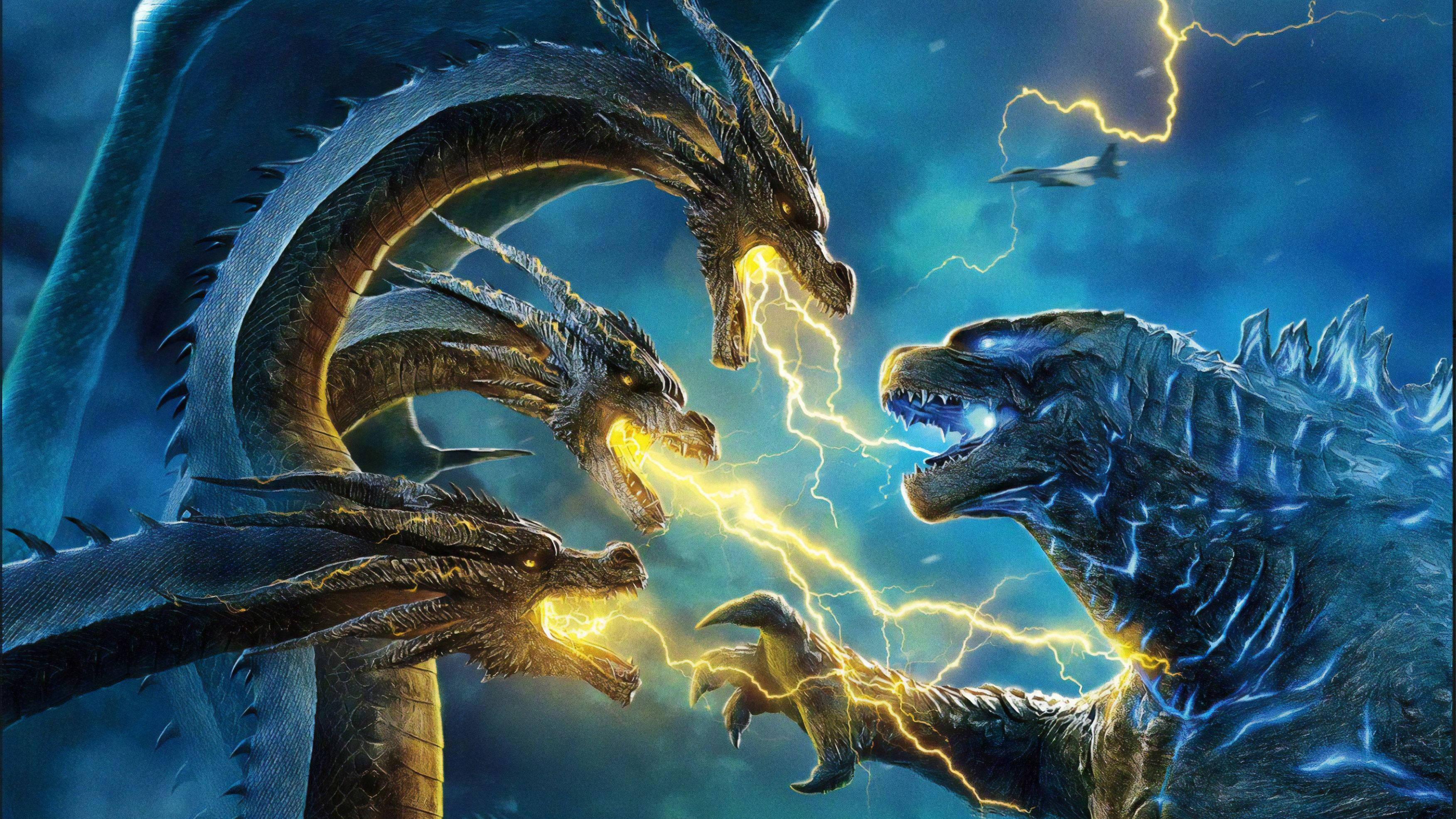 Godzilla and King Ghidorah face off in a lightning clash — 3504x1971 wallpaper